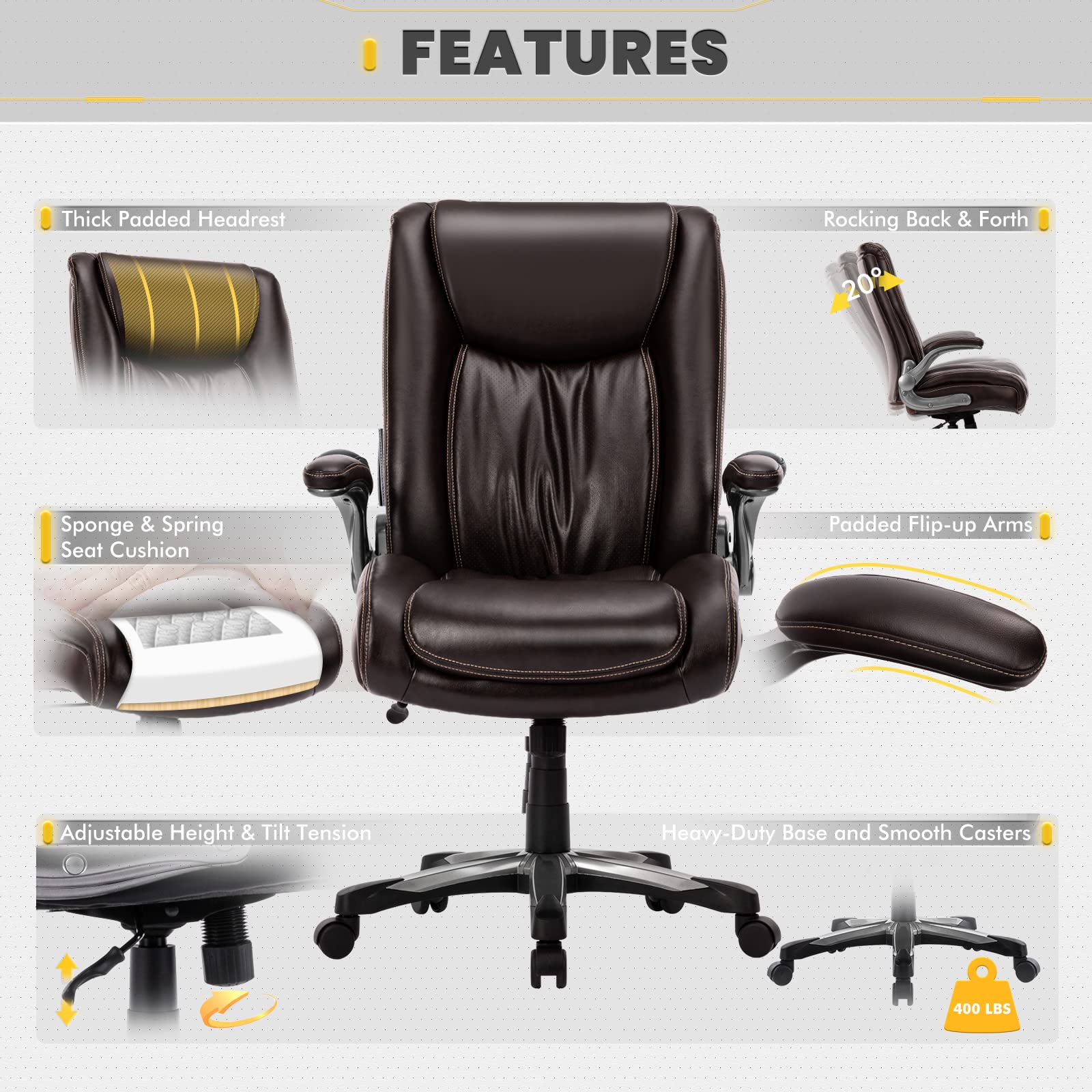COLAMY Big and Tall Office Chair 400lbs - Heavy Duty High Back Executive Desk Chair with Flip-Up Arms & Wide Seat - Ergonomic Computer Chair for Home Office (Brown) - Perfect for Long Work Hours & Large Individuals