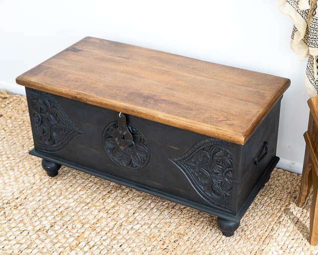 Hand Carved Black Wooden Storage Box for Blankets & Linens | Premium Wood Carving Chest for Home Decor, Bedroom & Living Room Organization