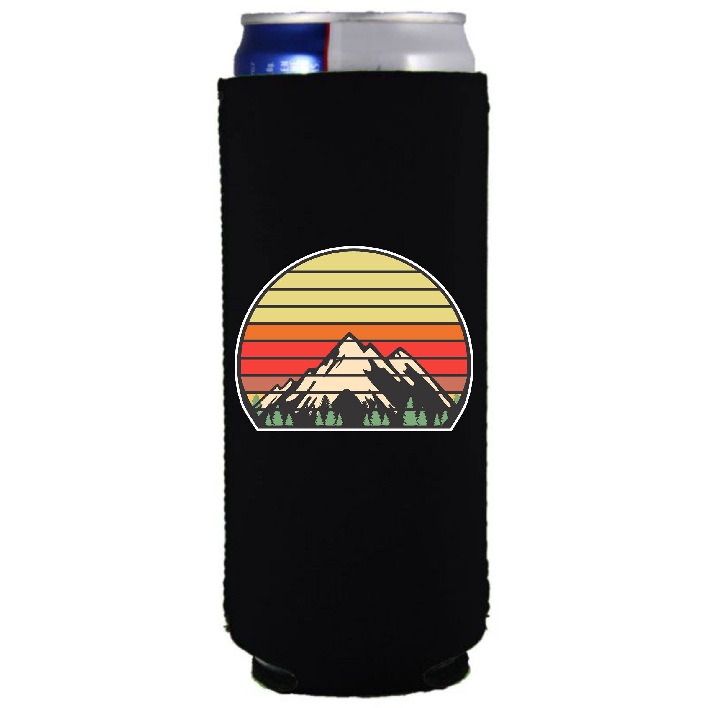 Retro Mountain Design Slim Can Cooler (2 Pack, Black) - Perfect for Camping, BBQs, and Outdoor Parties - Keep Drinks Cold in Style