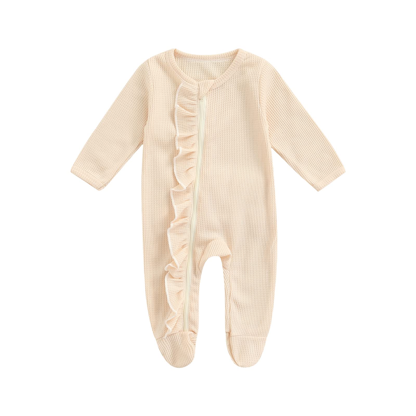 Newborn Baby Girl Footie Waffle Knit Romper with Zippers & Ruffles - Soft Winter Onesie for Fall & Winter - Perfect for Playtime, Family Photos & Cozy Outings