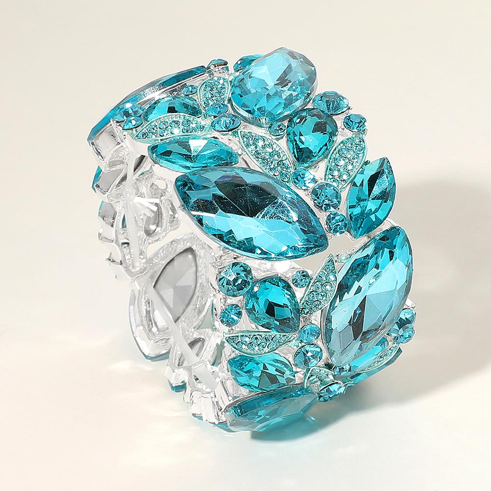 Aqua Marquise & Multi Stone Stretch Pageant Bracelet - Elegant Chunky Evening Bracelet for Women | Perfect for Prom, Wedding & Special Occasions | 660618