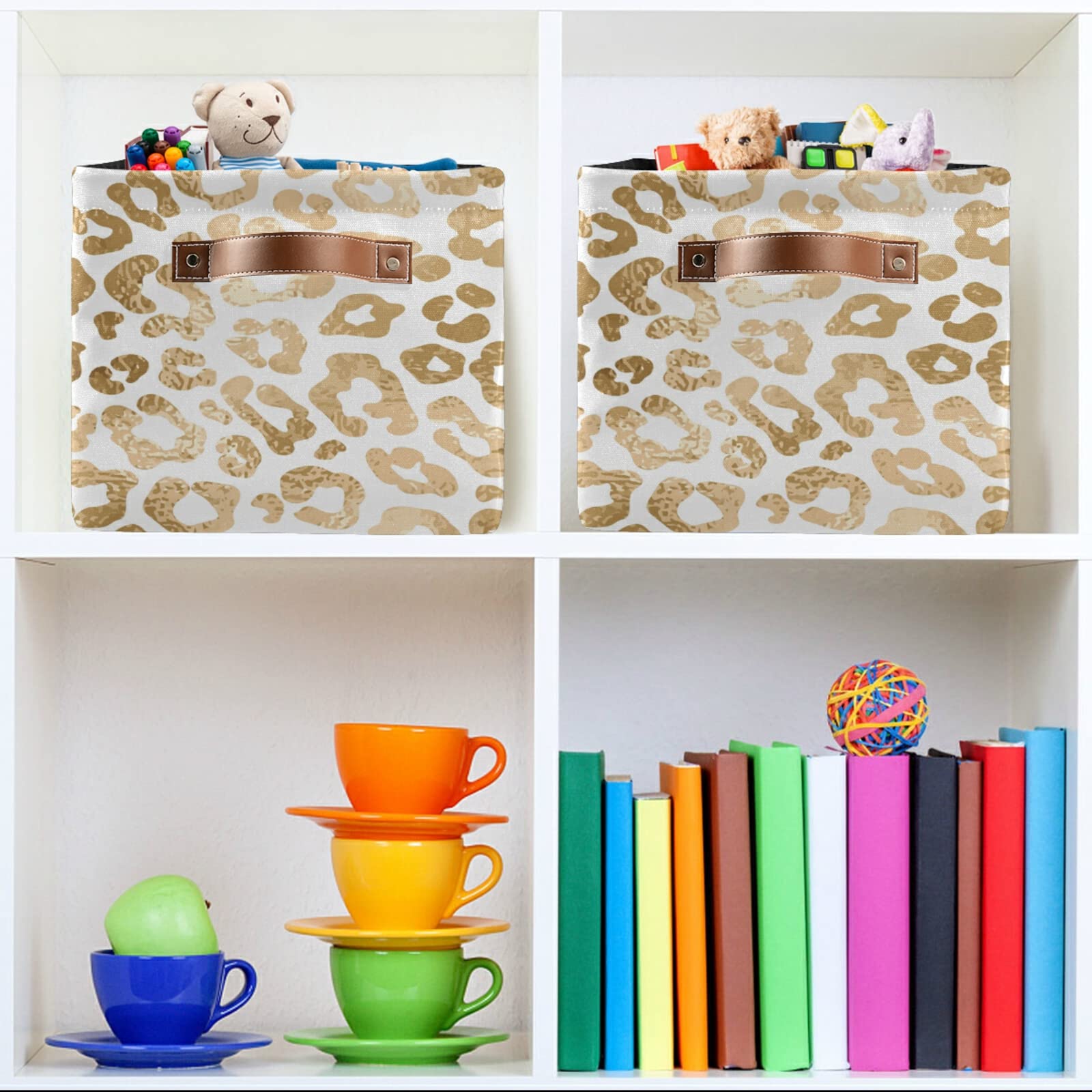 Golden Leopard Print Collapsible Storage Basket with Leather Handles - Foldable Rectangular Storage Bin for Home Organization, Office Supplies & Closet Storage | Perfect for Bedroom, Bathroom & Laundry Room Organization