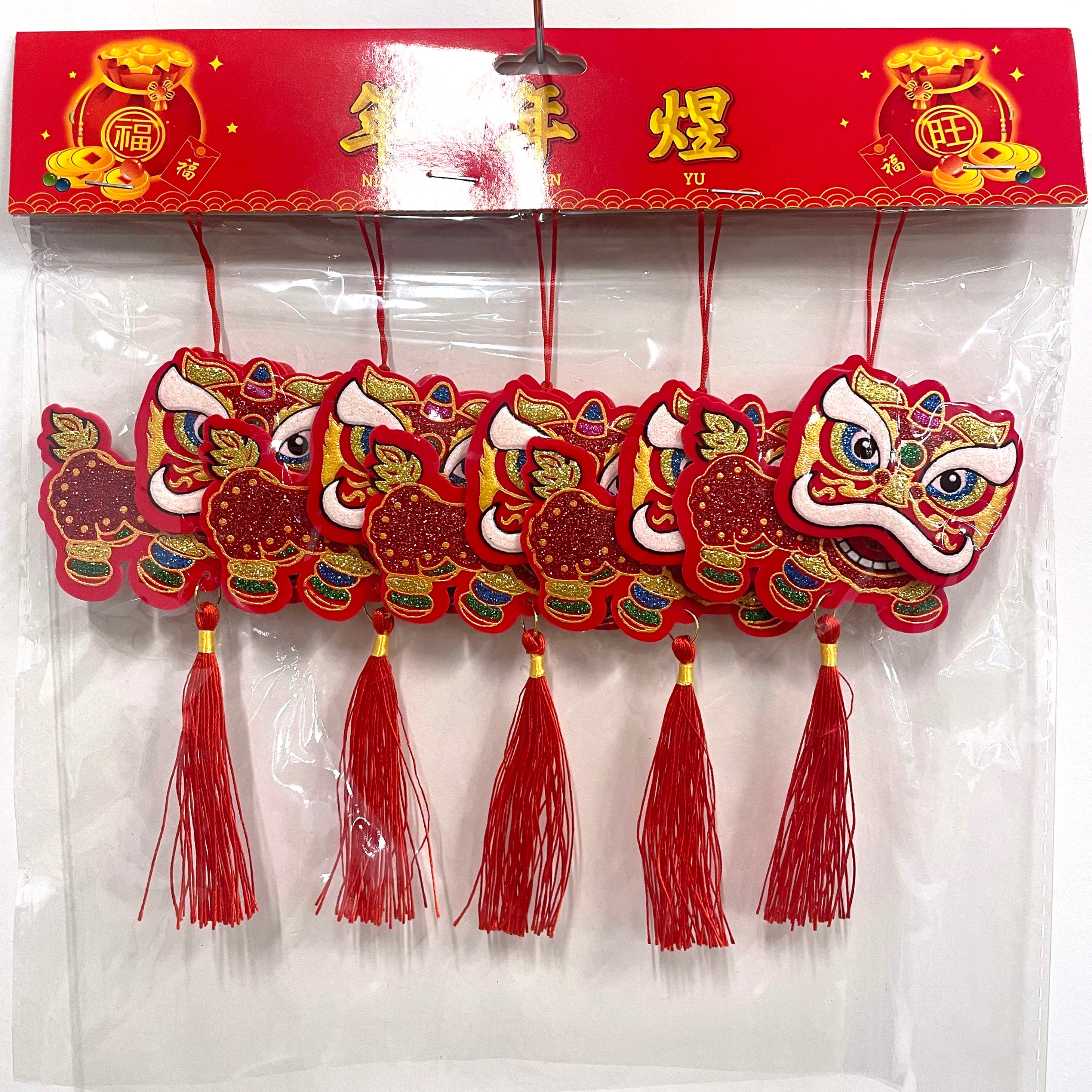 Chinese New Year Glitter Lion Tassels - 6 Pack for Door Decorations, Festival Party Supplies, and Lunar New Year Celebrations