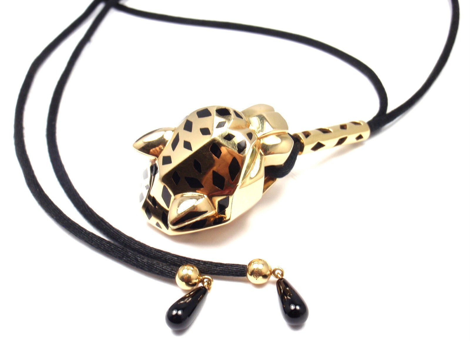 Authentic Cartier Panther Panthere 18k Yellow Gold Emerald Lacquer Cord Necklace - Luxury Jewelry for Women, Elegant Gift for Birthday & Anniversary | Perfect for Parties, Weddings & Special Occasions
