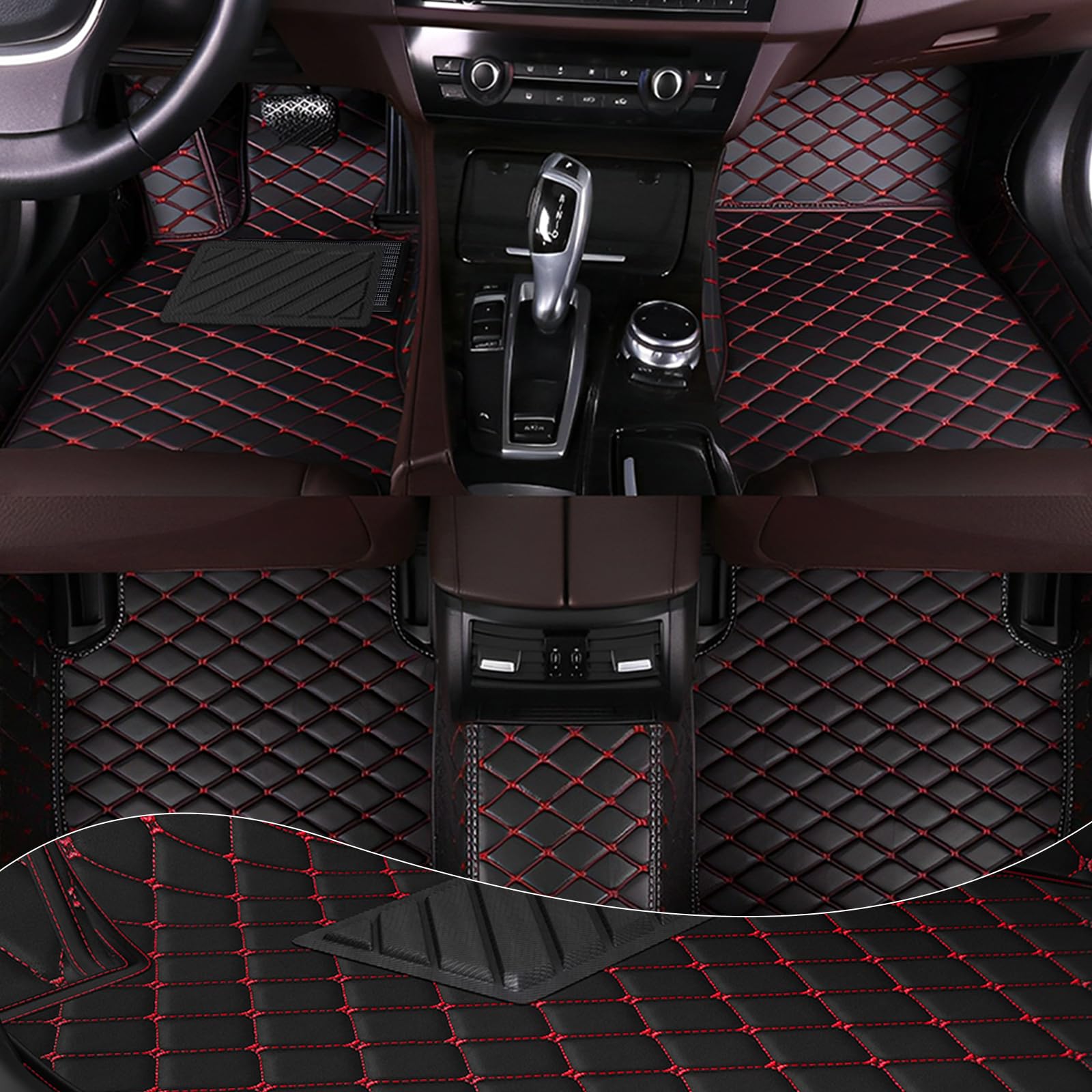 Custom All-Weather Non-Slip Leather Car Floor Mats for Volkswagen Atlas 2018-2022 - Perfect Fit for 7-Seater Models (Black-Red) | Durable Protection for Mud, Snow & Everyday Use
