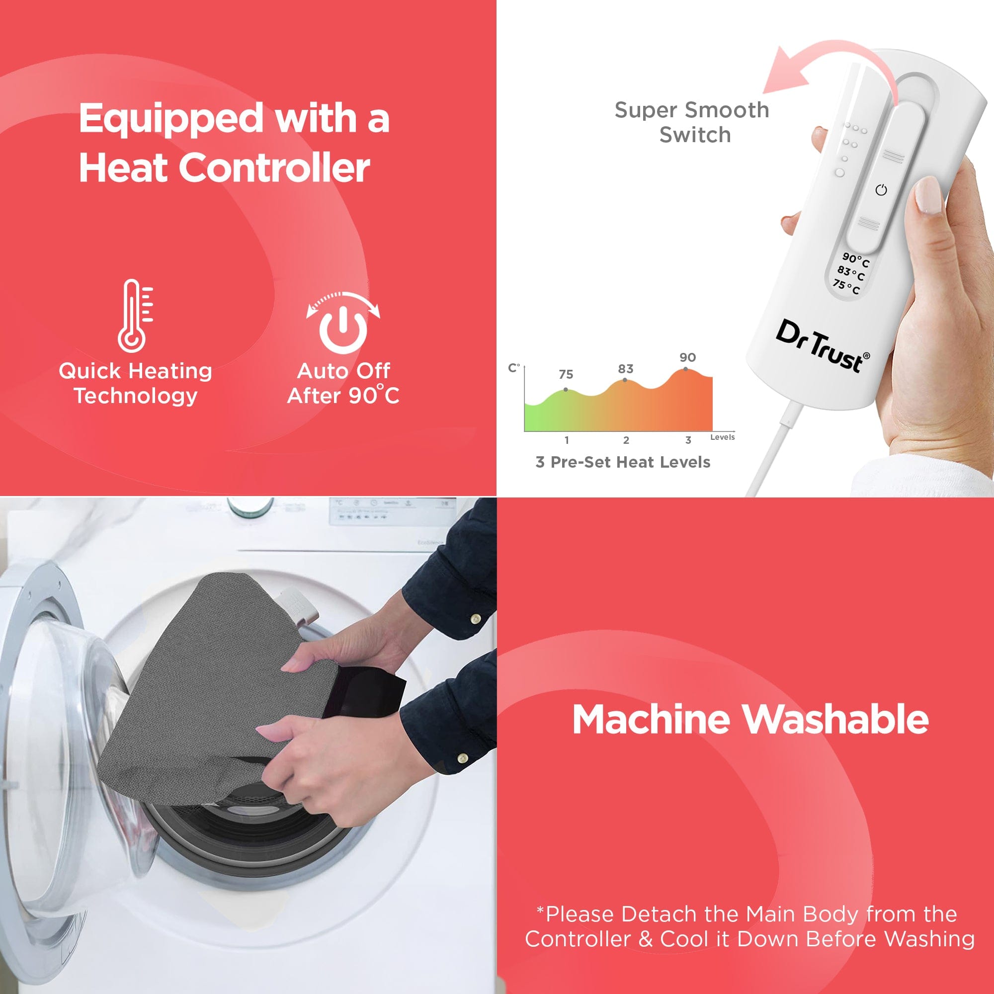 Dr Trust USA Electric Heating Pad for Back Pain Relief - Adjustable Temperature Heat Therapy Belt for Muscle, Shoulder, Knee & Abdominal Pain - Perfect for Period Cramps, Arthritis & Post-Workout Recovery - Home & Office Use