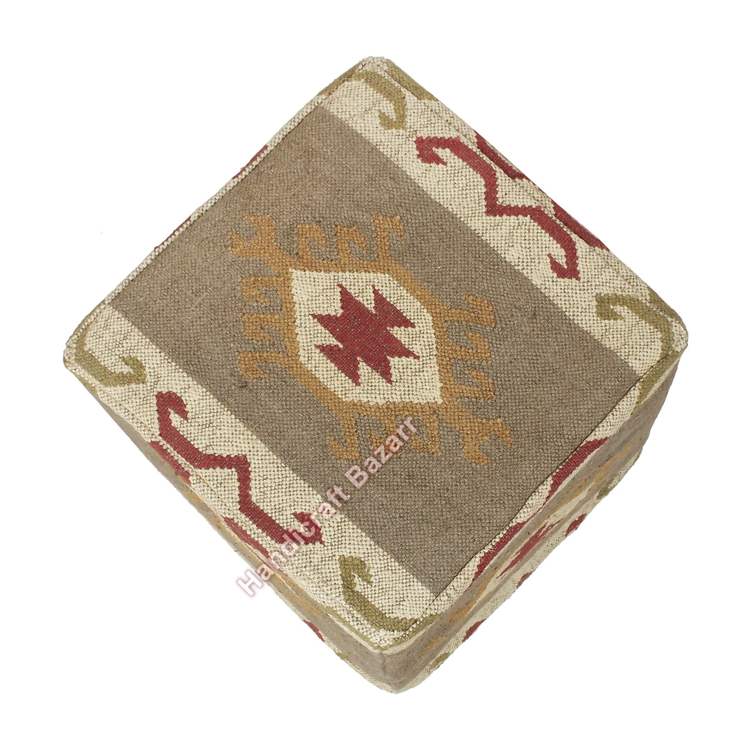 Premium Wool Jute Ottoman Cover 18x18x18 Inches - Handmade Sofa Footstool Pouf Case with Zipper for Living Room, Bedroom & Patio - HB-PF-305 Turkish Style Footrest Cover for Home Decor