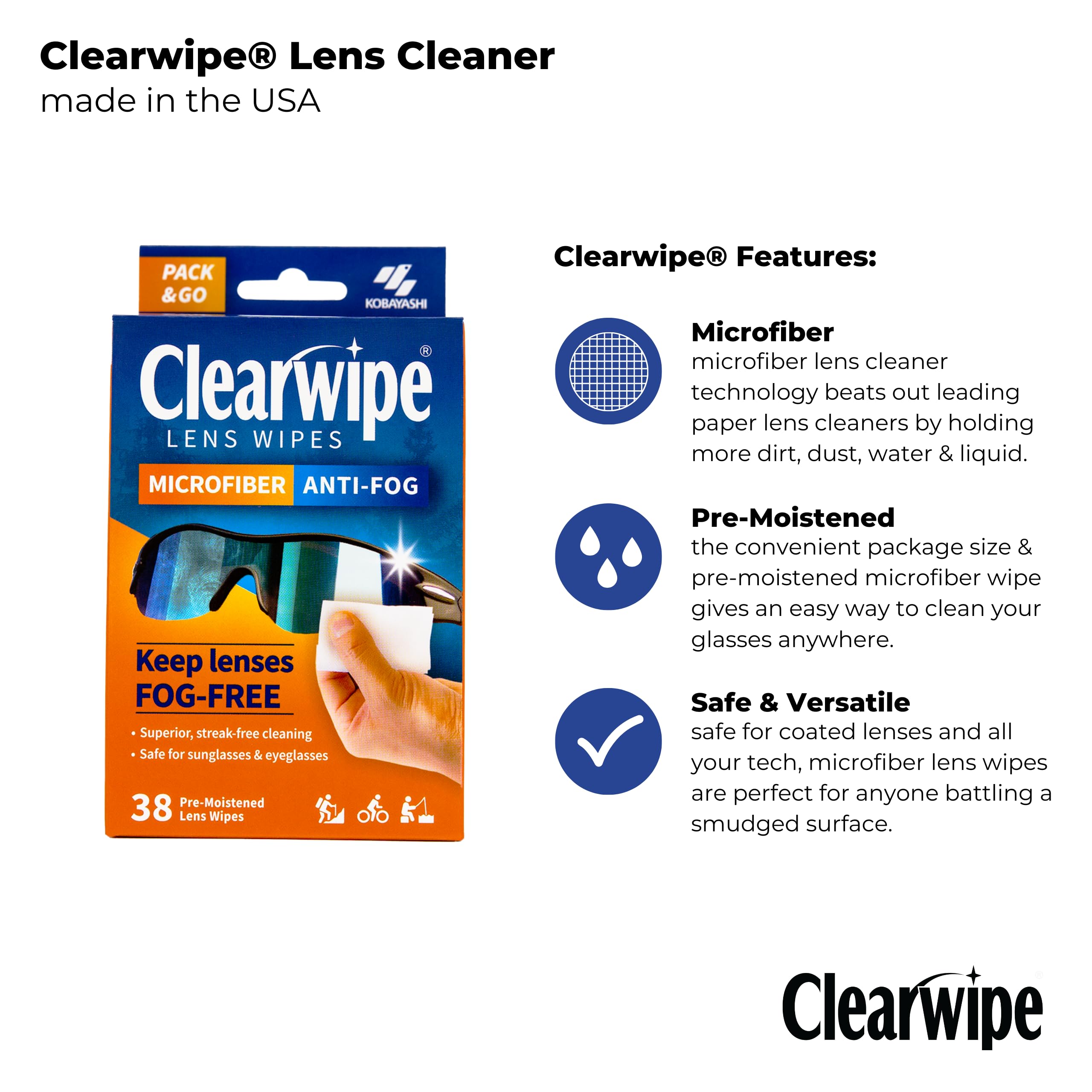 Anti-Fog Microfiber Lens Wipes - 38 Individually Wrapped Pre-Moistened Cleaning Cloths for Glasses, Sunglasses & Camera Lenses | Perfect for Travel, Outdoor Activities & Everyday Use