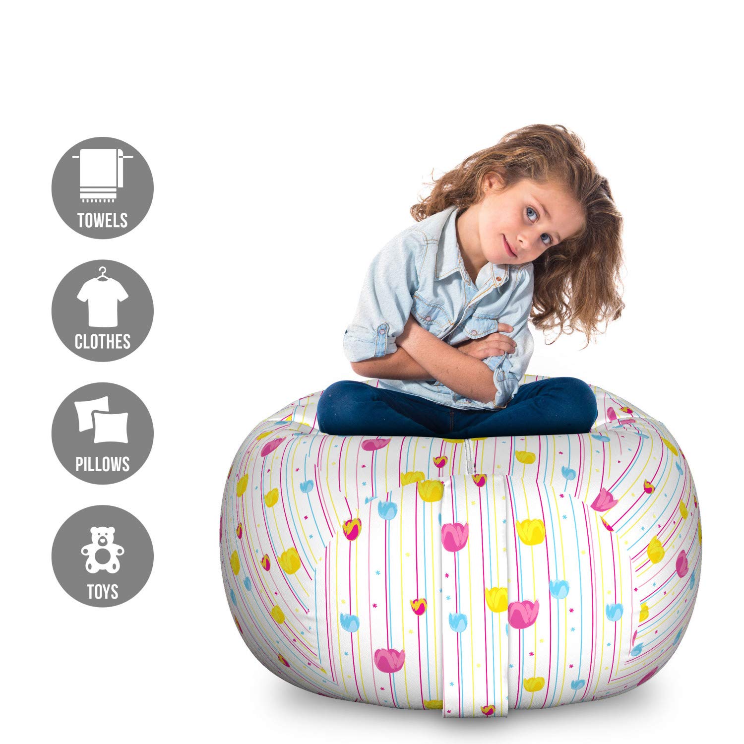 **Ambesonne Striped Toy Storage Bag Chair - Large Washable Organizer for Stuffed Animals, Yellow & Blue with Floral Tulip Design - Perfect for Kids' Room, Nursery, or Playroom Decor**