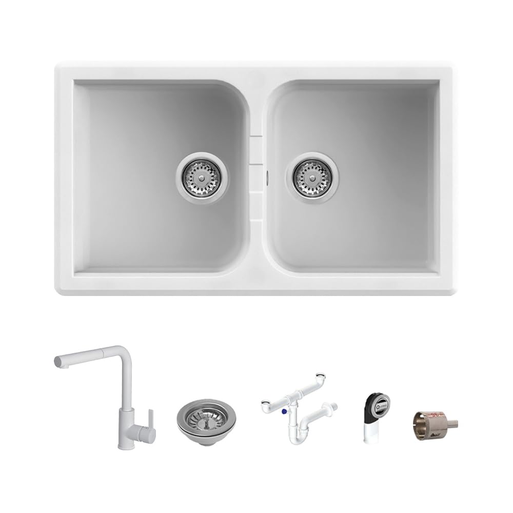 Quareco 86x50 Inch White Granite Kitchen Sink with Single Lever Pull-Out Faucet - Model 862 | Perfect for Modern Kitchens, Food Prep & Dishwashing