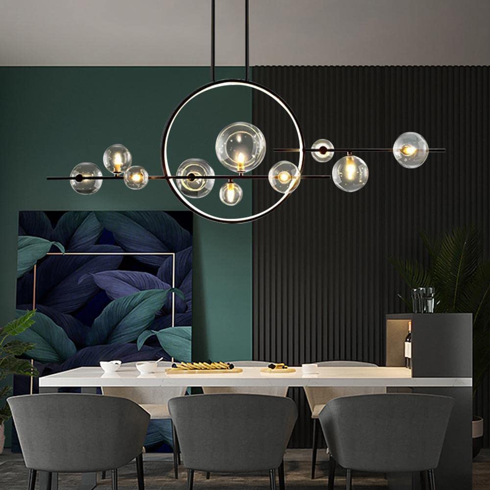 Modern 10-Light Kitchen Island Pendant Lighting with Glass Globe Shade - Linear Sputnik Chandelier for Dining Room, Living Room & Home Decor - Perfect for Farmhouse, Contemporary & Industrial Style Kitchens