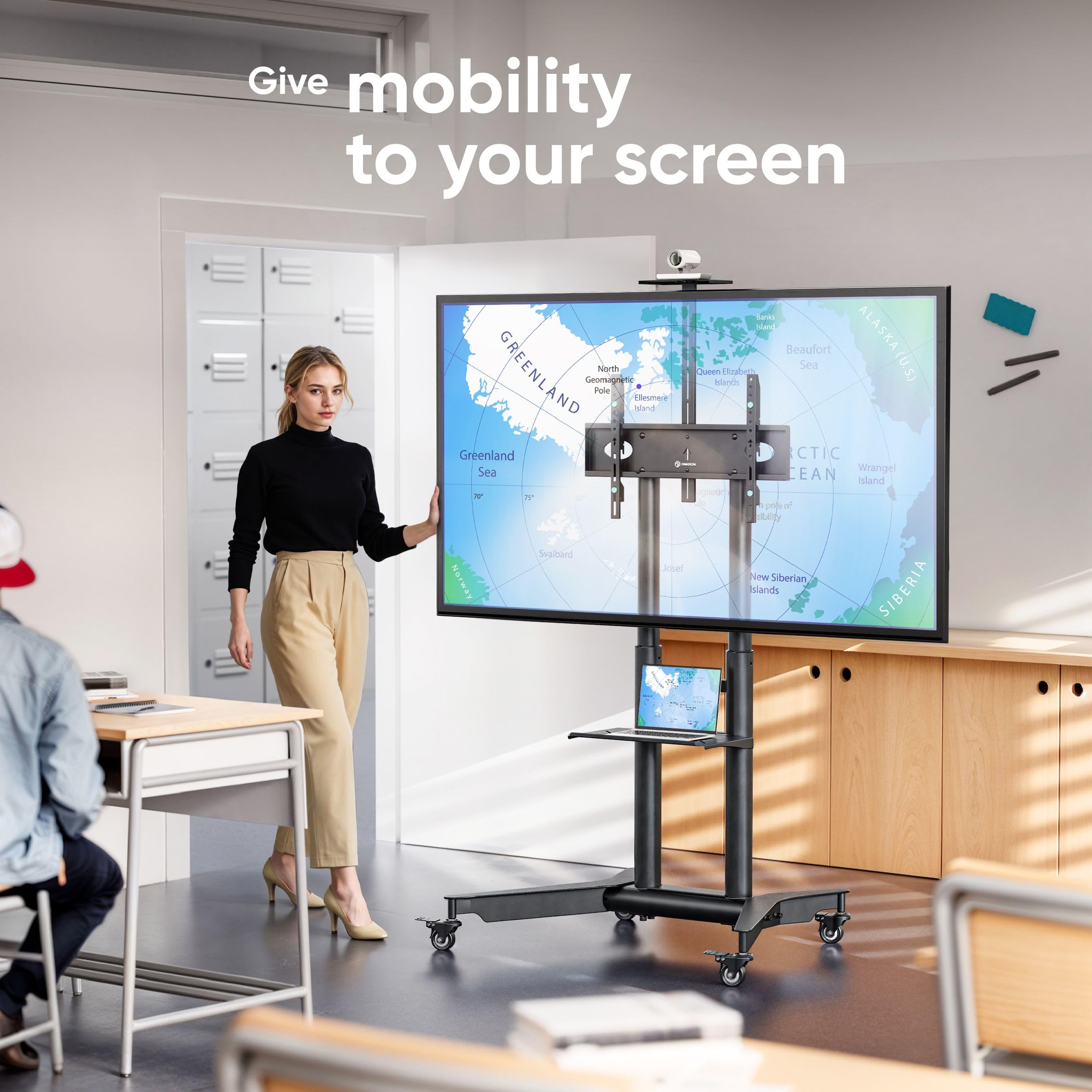 ONKRON Adjustable Height Mobile TV Stand on Wheels for 32-75 Inch TVs up to 132 lbs, Rolling TV Cart with Shelf - Portable TV Moving Stand for Living Room, Bedroom, Office (Black, Max VESA 600x400)