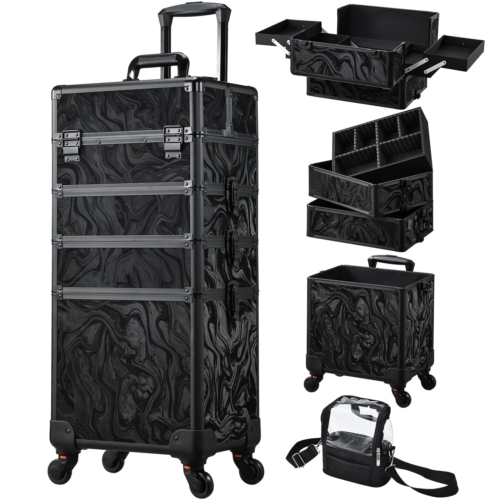 Stagiant 4-in-1 Rolling Makeup Case with Cosmetic Bag & Swivel Wheels - Professional Salon Barber Travel Cart Trolley (Alpine Black) for Mobile Beauty Services, Makeup Artists & Cosmetologists