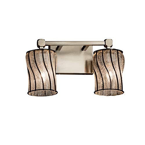 Justice Design Group Tetra 2-Light Bath Bar - Brushed Nickel Finish with Swirl & Clear Bubbles Glass Shade - Wire Glass Cylinder with Flat Rim - Perfect for Modern Bathroom Vanity Lighting (Model: WGL-8422-10-SWCB-NCKL)