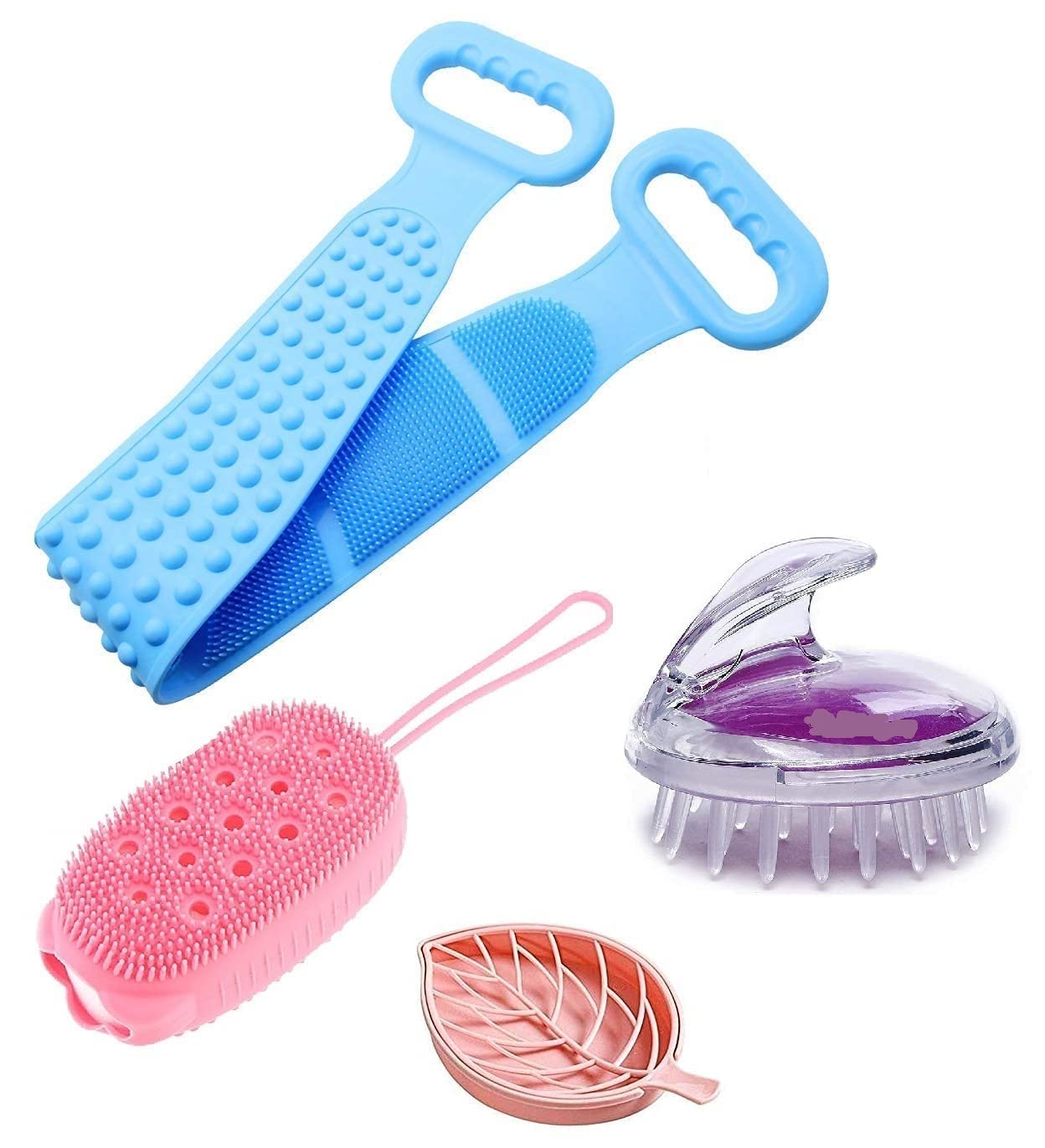 NOBILEA Silicone Bath Body Brush - Soft Back Scrubber for Shower, Exfoliating Massage Brush with Bubble Cleaner & Shampoo Massager, Includes Leaf-Shaped Soap Dish (4-Pack, Multi Color) - Perfect for Deep Cleansing, Relaxing Massage & Exfoliating in Shower or Bath