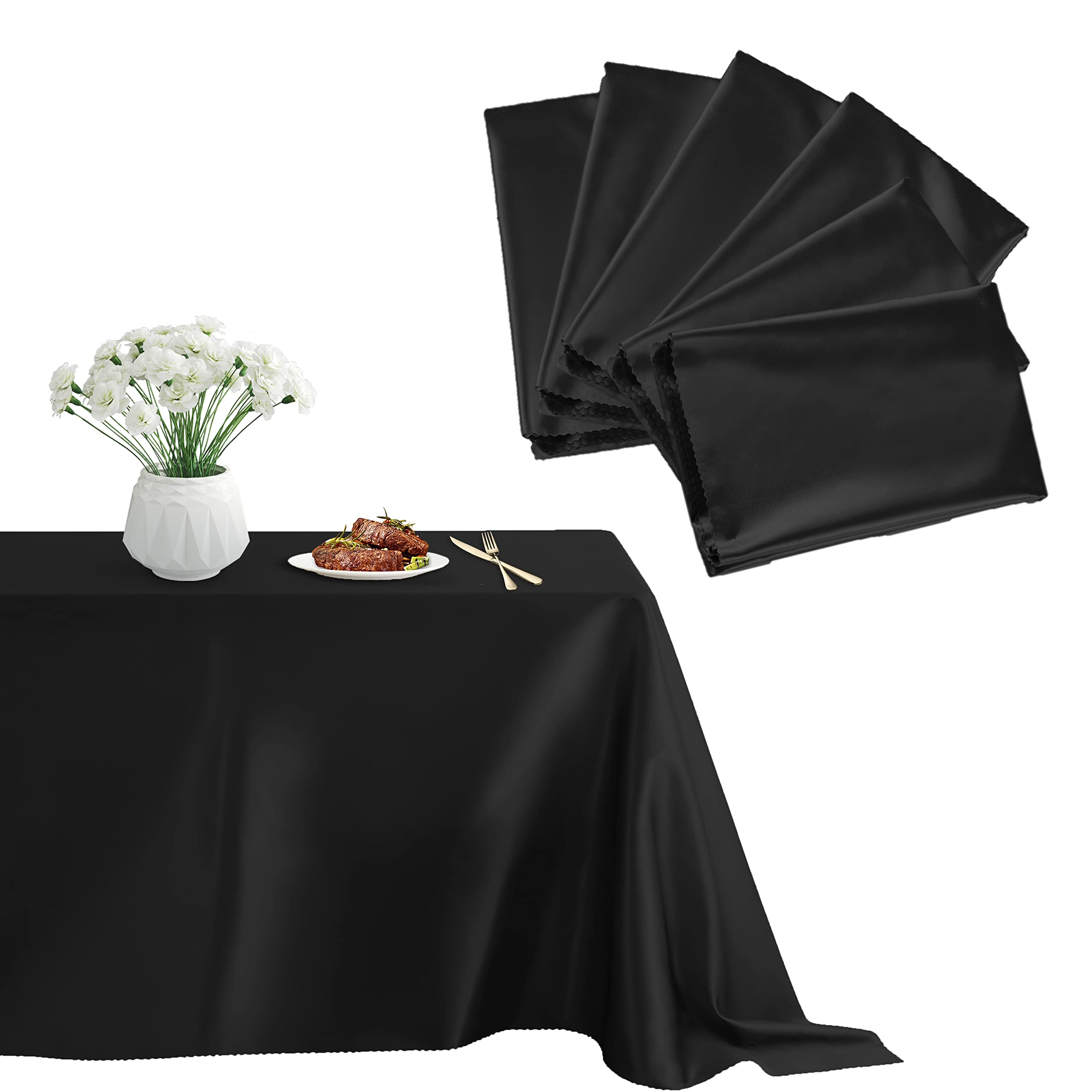 Premium 6-Piece Satin Tablecloth Set - 60 x 102 Inch Long Rectangle Black Table Cover for Wedding, Party, Banquet & Restaurant - Smooth Silky Table Overlay for Elegant Dining & Special Events
