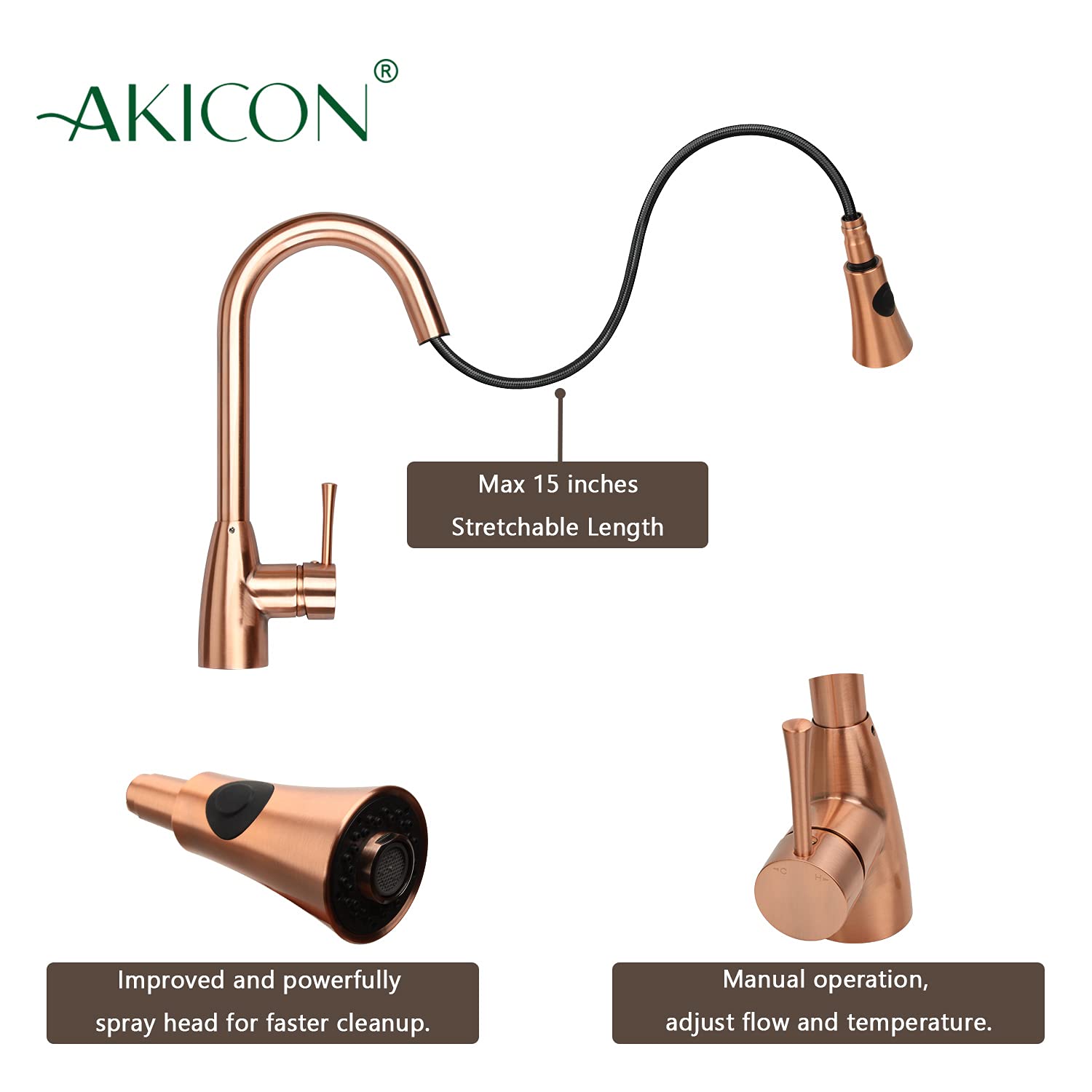 Akicon Single Handle Copper Pull-Down Kitchen Faucet with Sprayer - Durable & Stylish for Modern Sinks | Perfect for Cooking, Washing Dishes & Food Prep