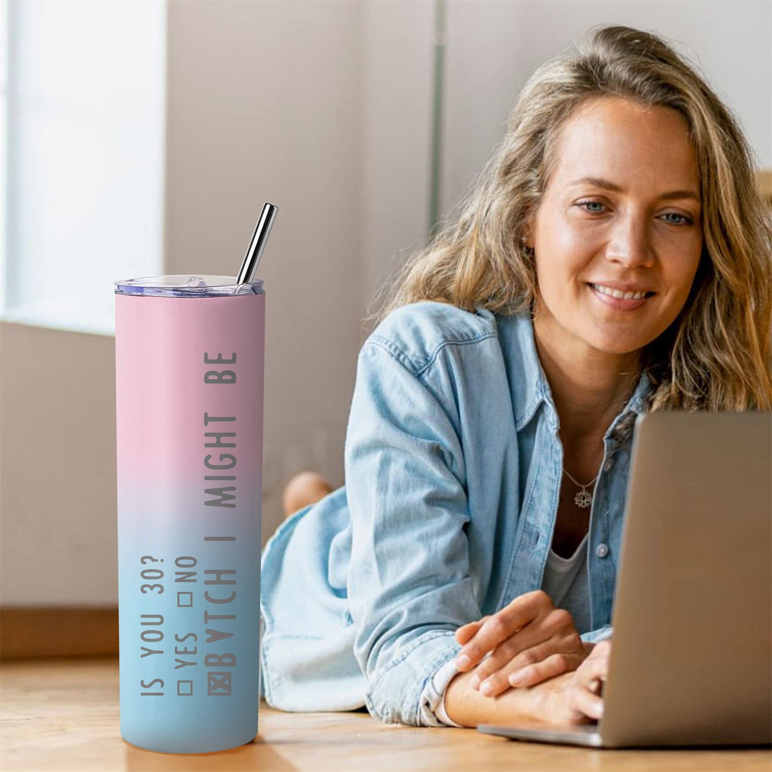 30th Birthday Gifts for Women - 20oz Skinny Tumbler with Lid & Straw - Pink Ombre Travel Cup - Perfect 30 Year Old Birthday Present for Her - Great for Office, Gym, and Travel - 1994 Birthday Gift Idea