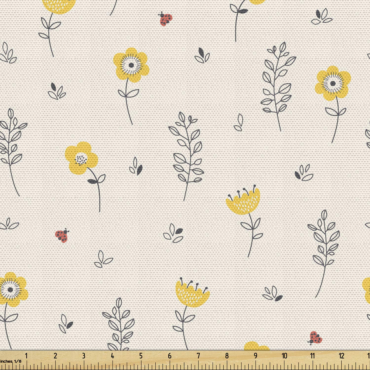 Ambesonne Ladybug Fabric by The Yard - Spring Flowers & Ladybirds for Upholstery & Home Decor