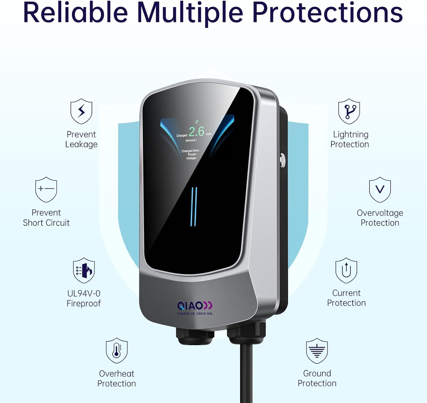 QIAO Level 2 EV Charger 48A Hardwired Electric Vehicle Charging Station with Wi-Fi & Bluetooth APP, 4.3in Display & 25ft Cable - SAE J1772 Compatible for Tesla, Nissan Leaf, Chevy Bolt (White) - Perfect for Home & Commercial Charging Stations
