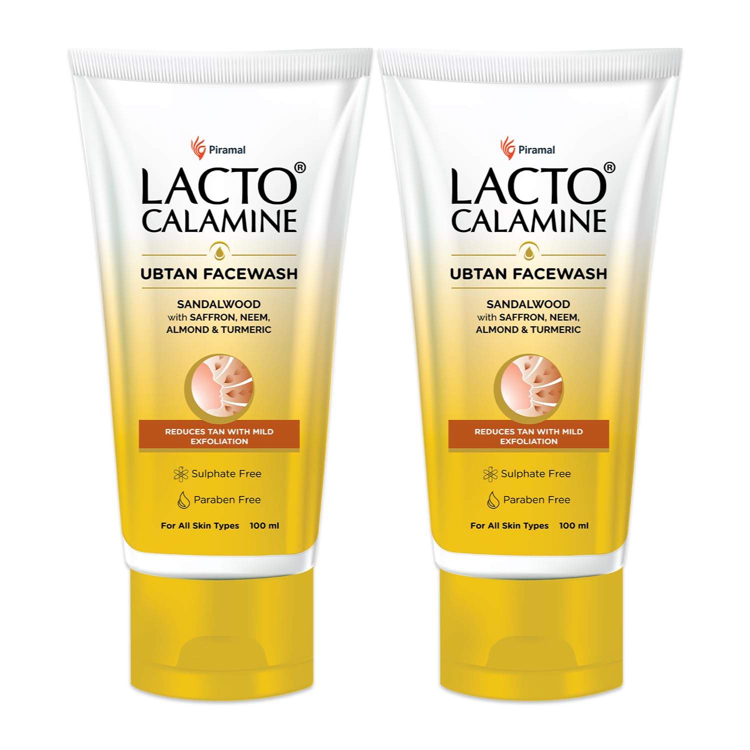 Lacto Calamine Ubtan Face Wash for Glowing Skin - Natural Face Wash with Sandalwood, Saffron, Neem, Almond & Turmeric | Exfoliating & Tan Removal | Sulphate & Paraben Free | 100ml (Pack of 2) | Perfect for Daily Skincare & Brightening Dull Complexion