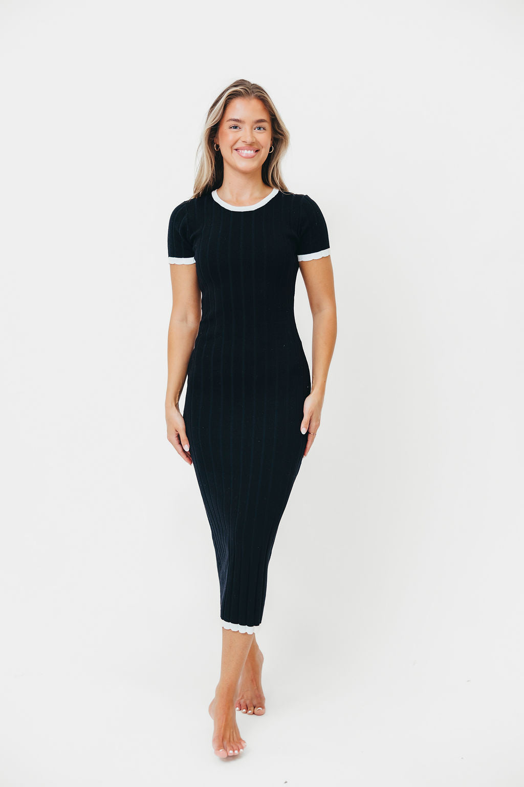 Landon Short Sleeve Sweater Rib Knit Midi Dress for Women - Black & White Striped Casual Dress for Fall & Winter | Perfect for Office, Date Night & Holiday Parties