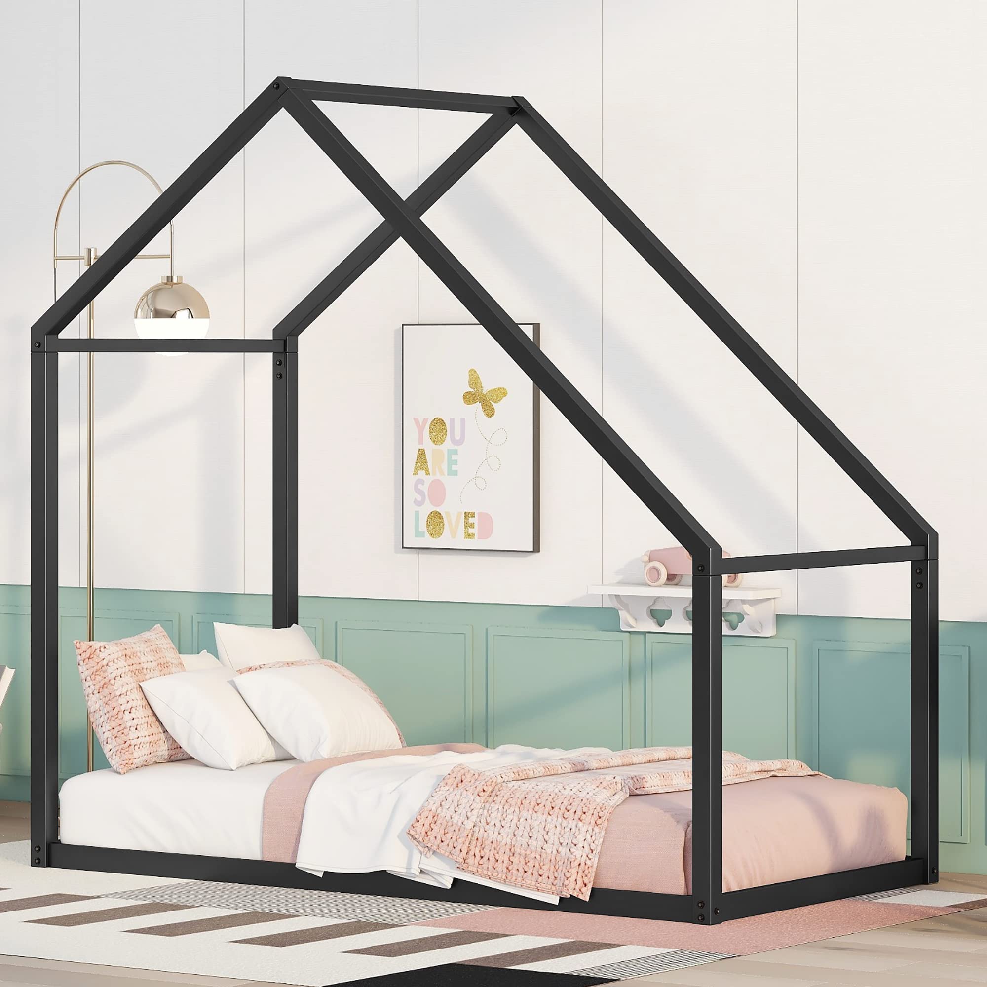 Metal Twin Size House Bed Frame with Roof - Sturdy Kids & Teen Bed for Boys & Girls Bedroom - Black Metal Design - Perfect for Toddler Sleep & Play Areas