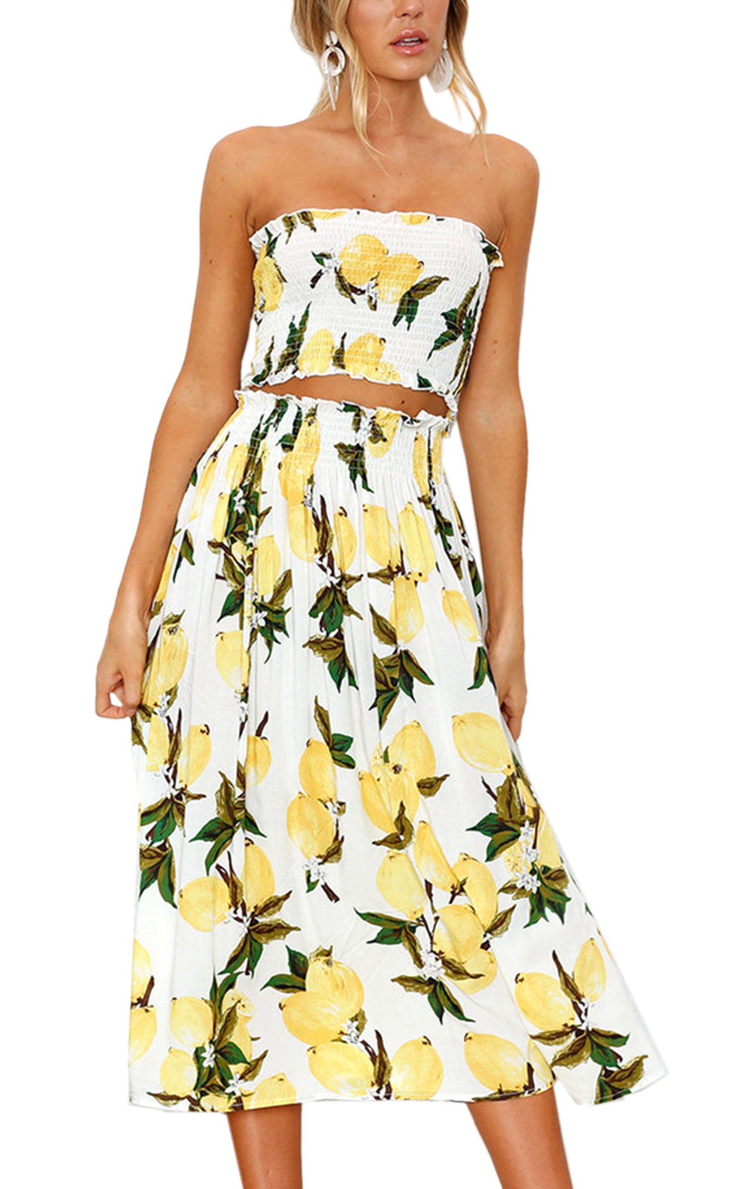 Angashion Women's Floral Print Crop Top & Maxi Skirt 2-Piece Outfit Set - Summer Boho Dress for Beach Vacation, Date Night & Casual Wear