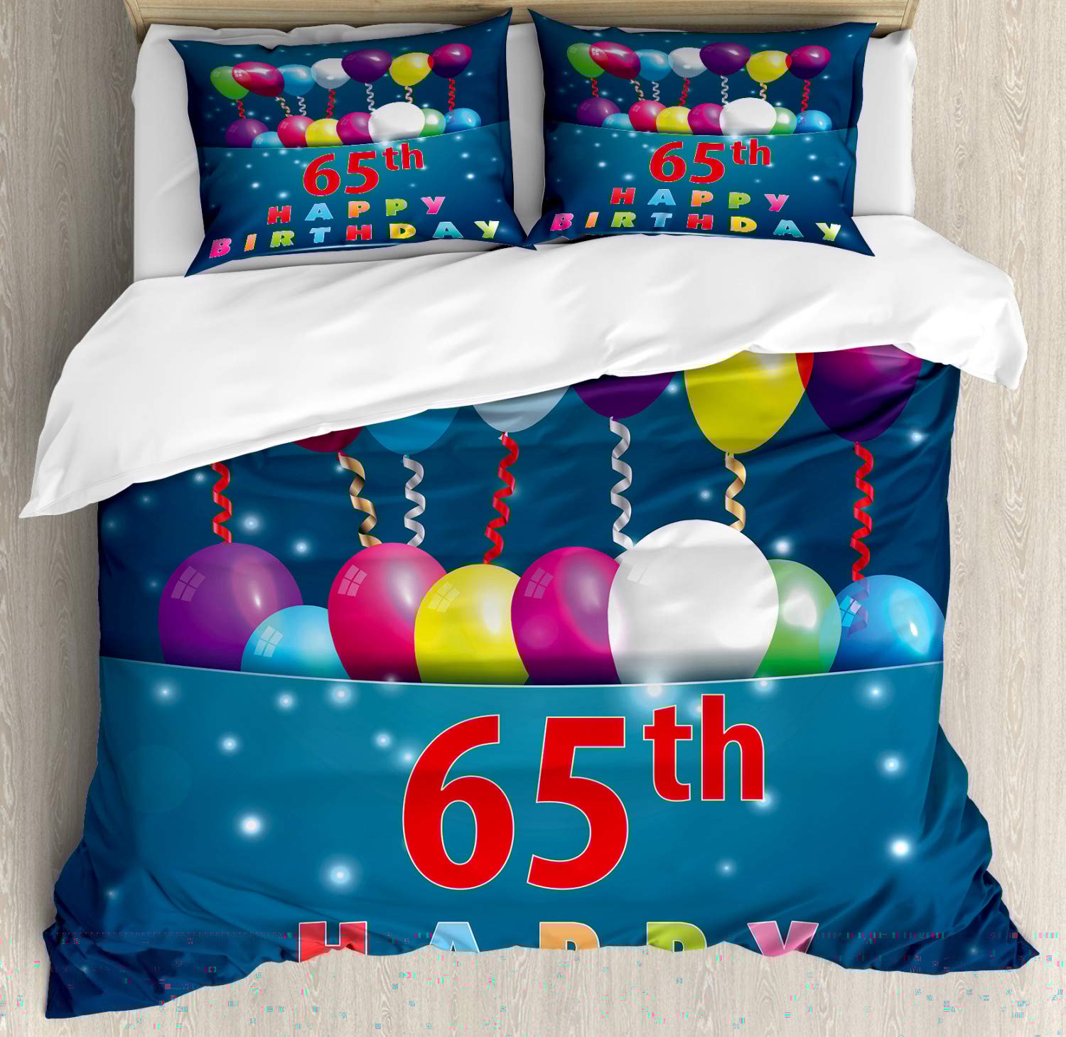 Ambesonne 65th Birthday Duvet Cover Set - Colorful Balloon Design 3-Piece Bedding with 2 Pillow Shams for California King Size - Perfect for 65th Birthday Surprise, Anniversary Gift & Party Decor