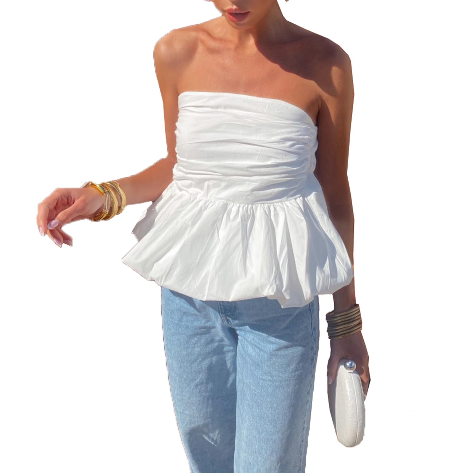 Women's Bubble Tube Top with Ruffle Hem - Off Shoulder Crop Shirt | Cute Puffy Bandeau Y2K Summer Sleeveless Tops for Beach, Party & Casual Outfits