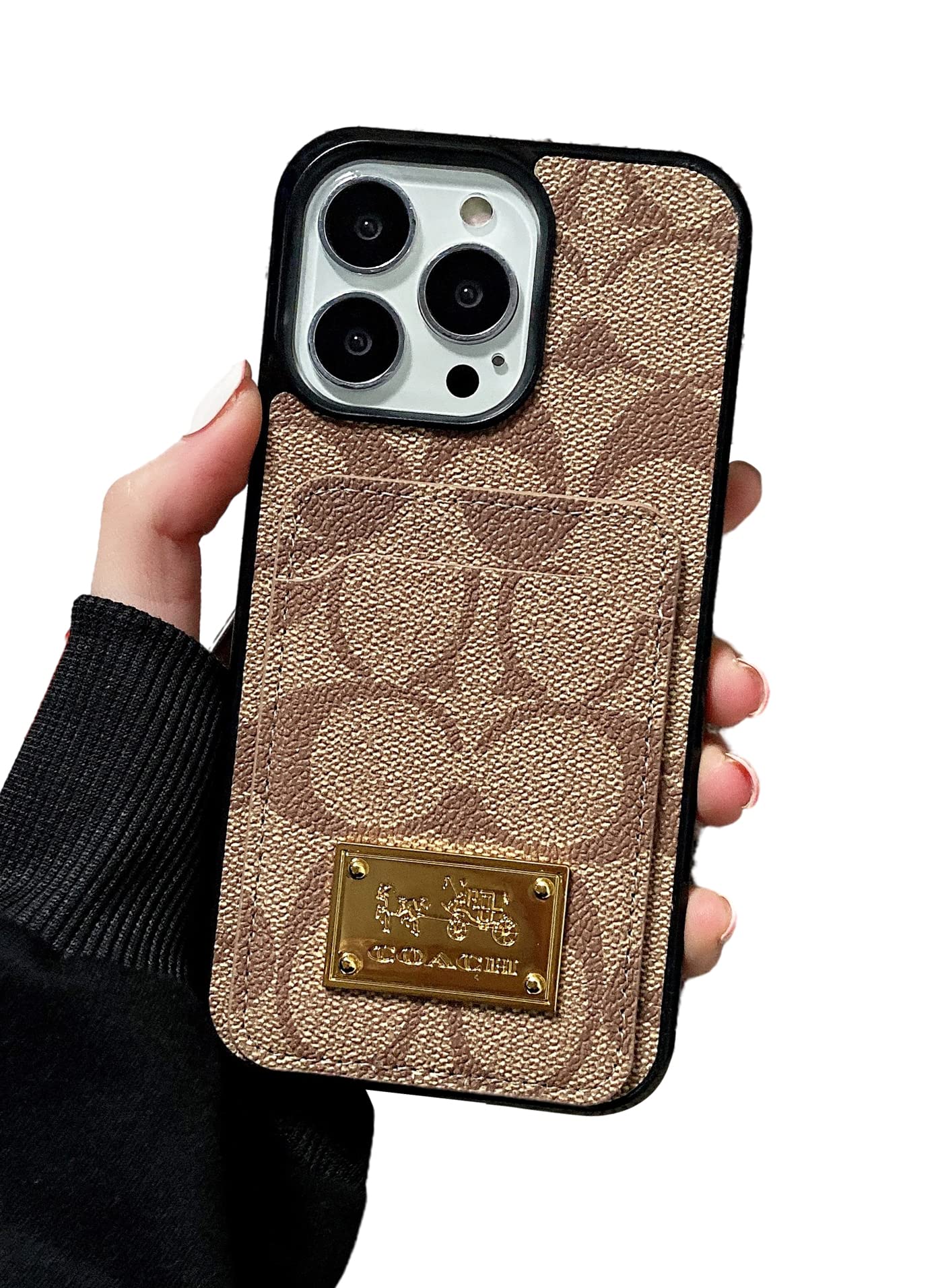 Luxury Leather iPhone 13 Pro Max Case for Women - Slim Fit Wallet Cover with Card Holder & Gold Nameplate | 6.7 Inch Shockproof Protective Phone Case | Classic Khaki Design for Everyday Use & Travel