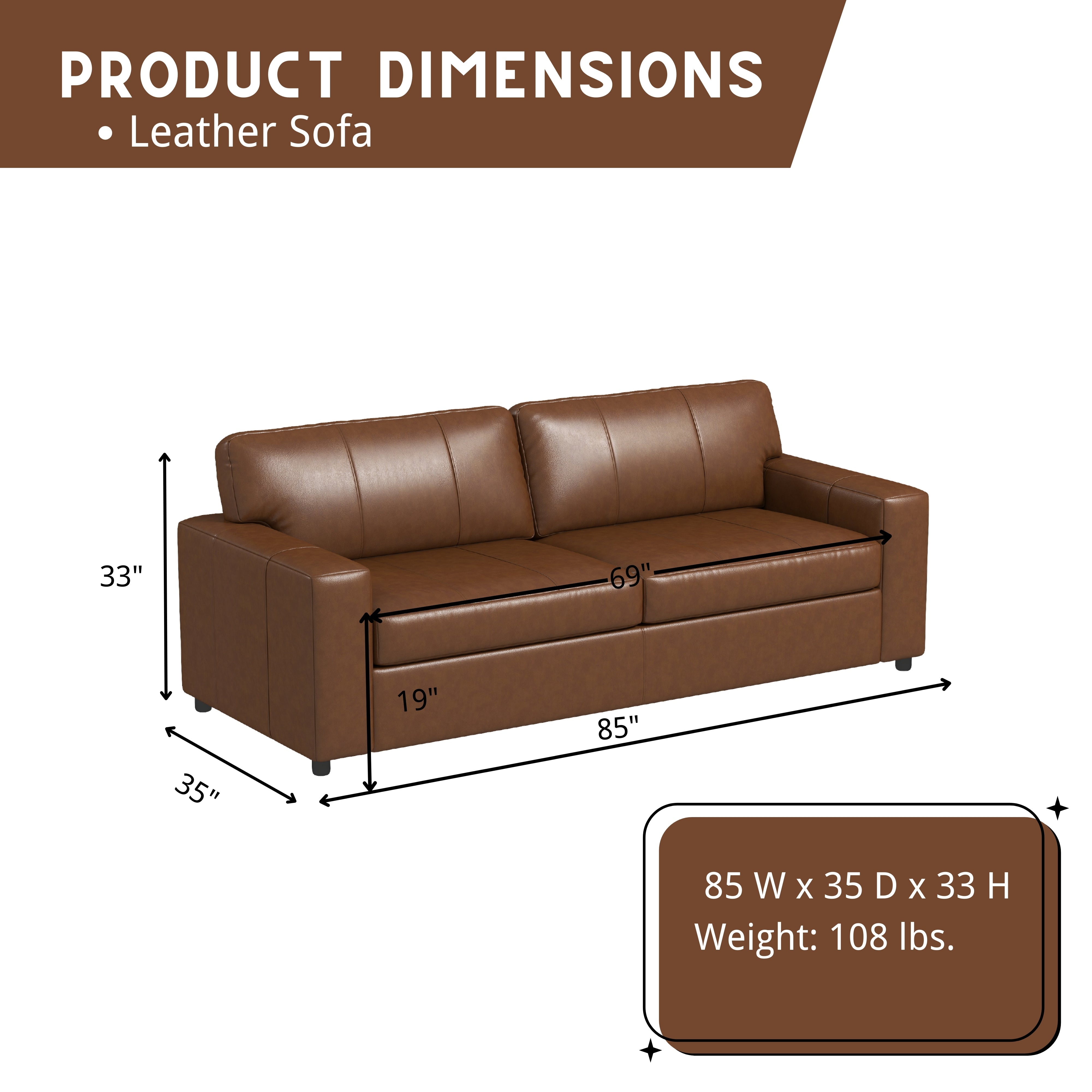 Roundhill Furniture Sakan Genuine Leather Upholstered Sofa - Modern Living Room Couch for Home, Office & Lounge Comfort