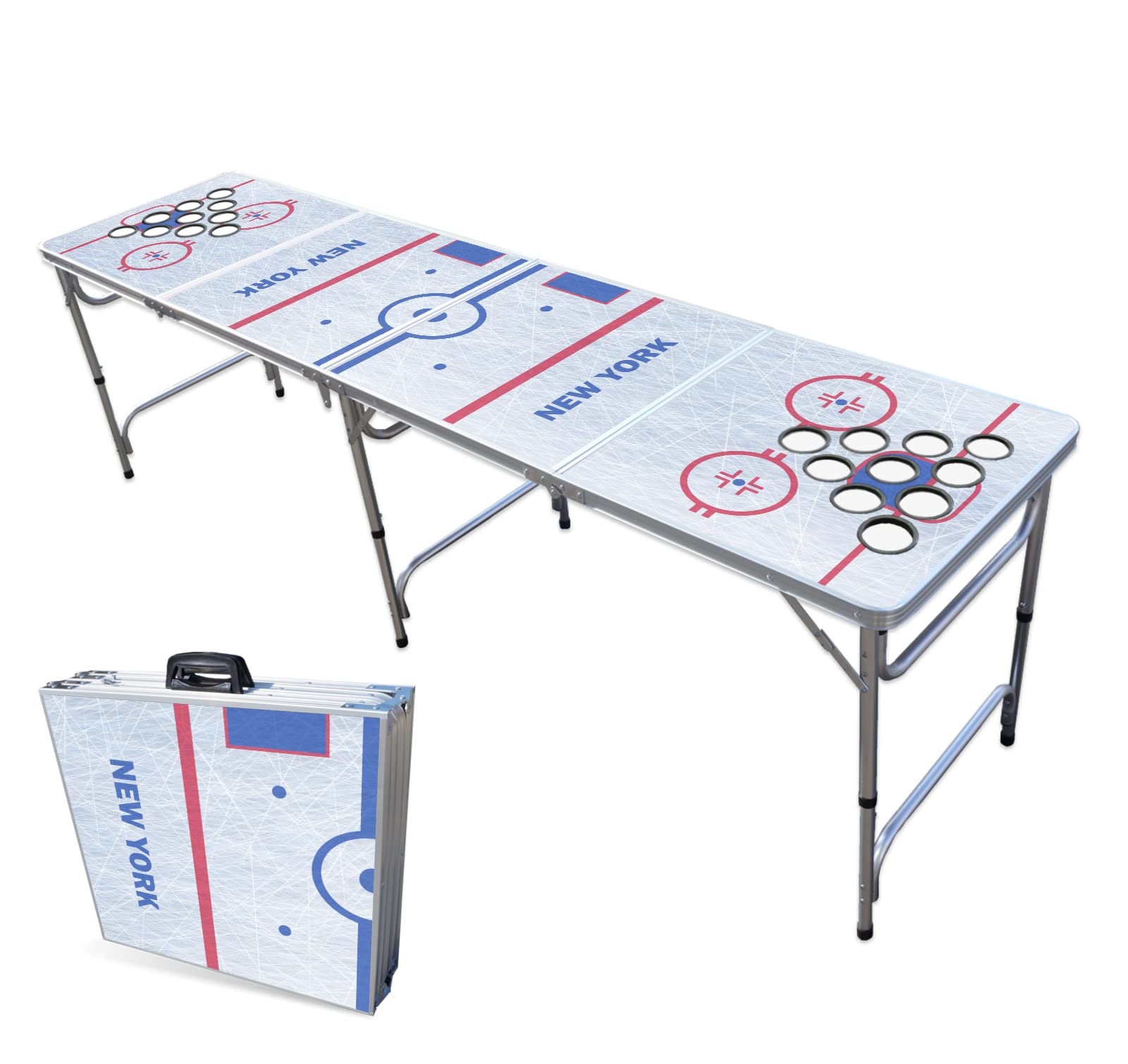 8-Foot Folding Portable Beer Pong Table with Optional Cup Holders & LED Lights - New York Hockey Rink Design (Choose Your Model) - Perfect for Backyard Parties, Tailgating & College Events