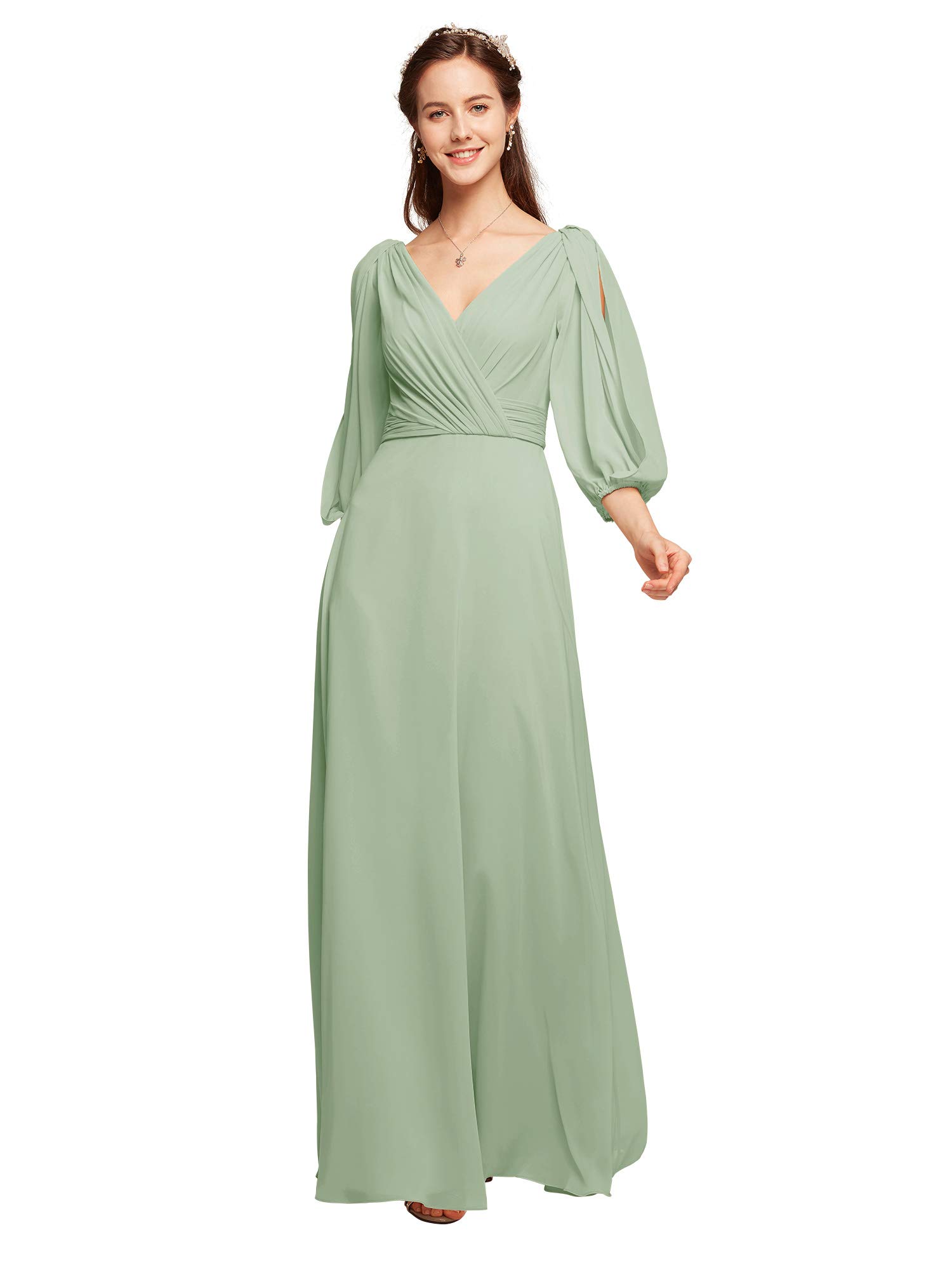 ALICEPUB Women's V-Neck Chiffon Bridesmaid Dress - Long Sleeve Formal Evening Gown for Weddings, Parties & Special Occasions