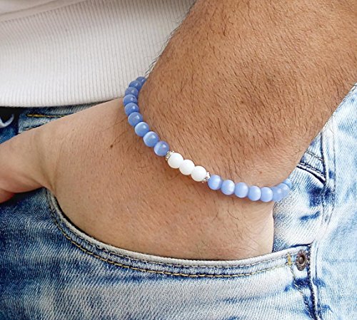 6mm Blue Cat's Eye & White Agate Beaded Bracelet for Men - Stylish Adjustable Spiritual Jewelry for Everyday Wear, Gifts, Meditation & Yoga