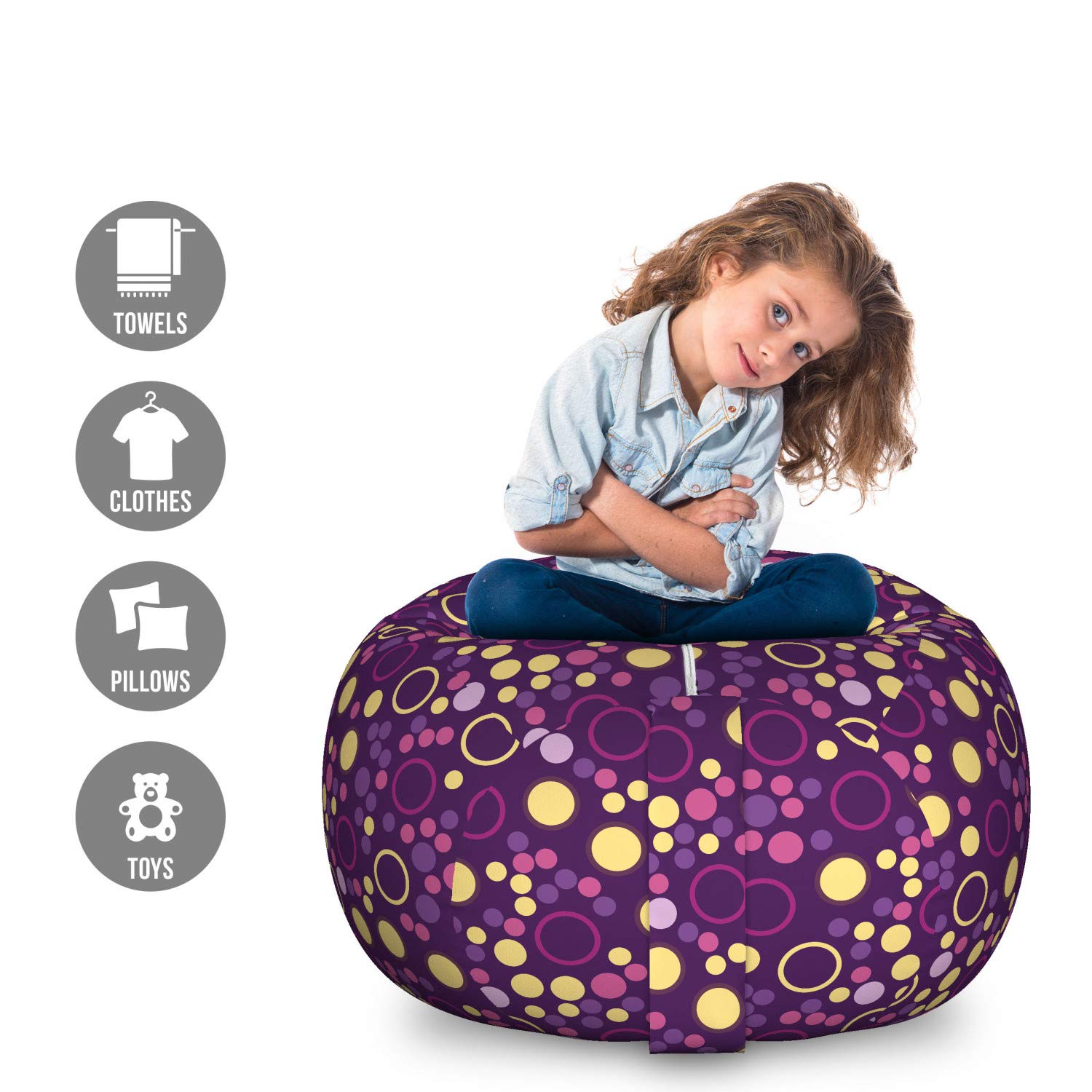 Ambesonne Large Abstract Storage Toy Bag Chair - Modern Circles & Polka Dots Pattern - Washable Stuffed Animal Organizer - Purple Brown - Perfect for Kids' Room, Playroom & Nursery Organization