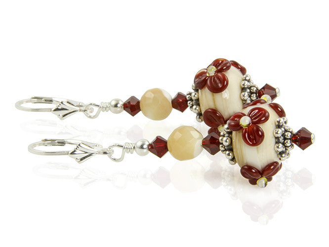 Handmade Crimson Ivory Floral Lampwork Glass Earrings for Women - Boho Chic Dangle Earrings for Parties, Weddings & Special Occasions