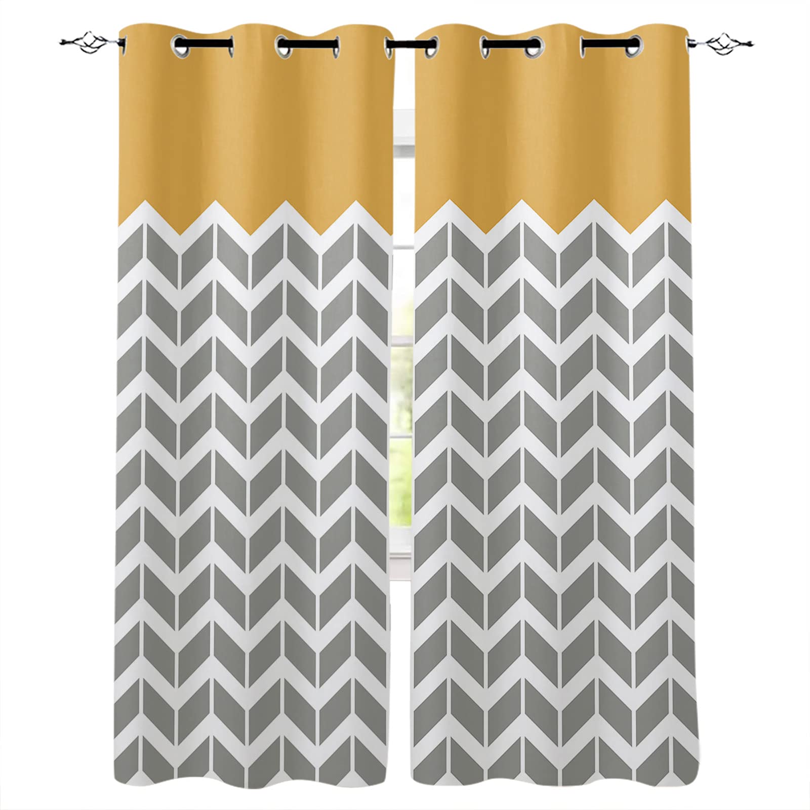 Blackout Curtains for Living Room & Bedroom - Thermal Insulated Geometric Chevron Pattern Orange Window Drapes (52x84 Inch, 2 Panels) | Grommet Top Room Darkening Curtains for Better Sleep & Energy Efficiency