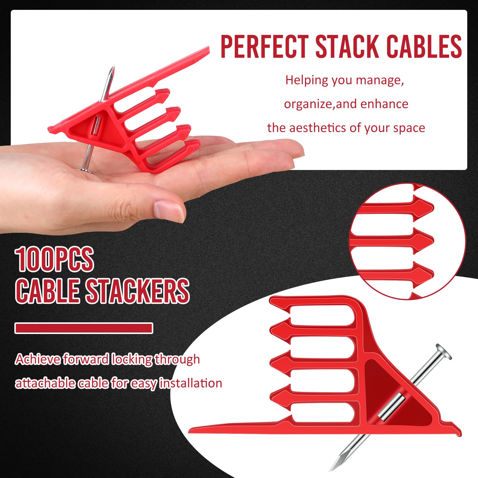 100 Pcs Insulated Cable Stackers - Heavy Duty Electrical Wire Staples for Cordless Hammer, Efficient Cable Management & Organization (Red) - Perfect for Home, Office & Workshop Electrical Wiring Projects