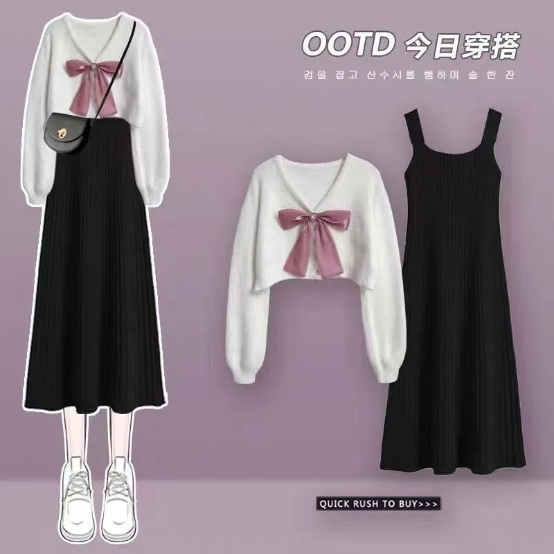 Korean Elegant Bow Cardigan & Sexy Fishtail Skirt Set - Autumn Winter Fashion Knitwear Two Piece Outfit for Women | Perfect for Date Nights, Office Wear & Holiday Parties