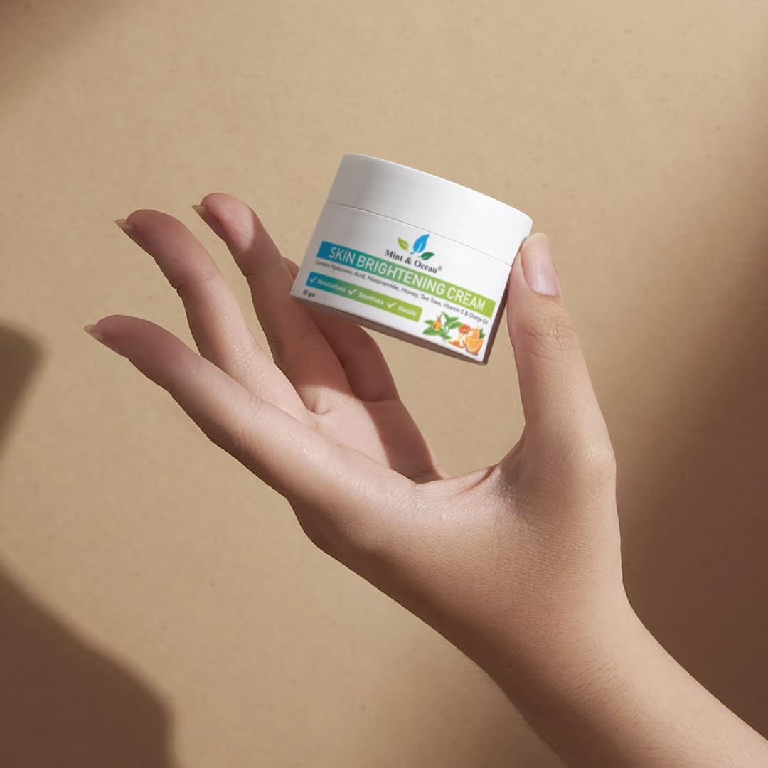 Mint and Ocean Skin Brightening Cream with Hyaluronic Acid, Tea Tree Extracts & Vitamin E - Brightens Dull Skin, Evens Skin Tone & Enhances Complexion - 50g | Perfect for Daily Skincare Routine & Nighttime Hydration