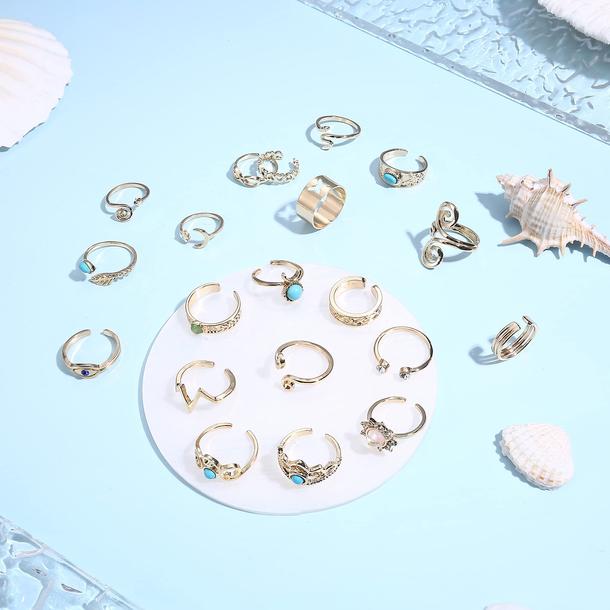 JOERICA 25 Pcs Adjustable Turquoise Toe Rings & Ankle Bracelets for Women - Gold & Silver Bohemian Anklets, Open Toe Jewelry for Beach, Summer & Festival Outfits