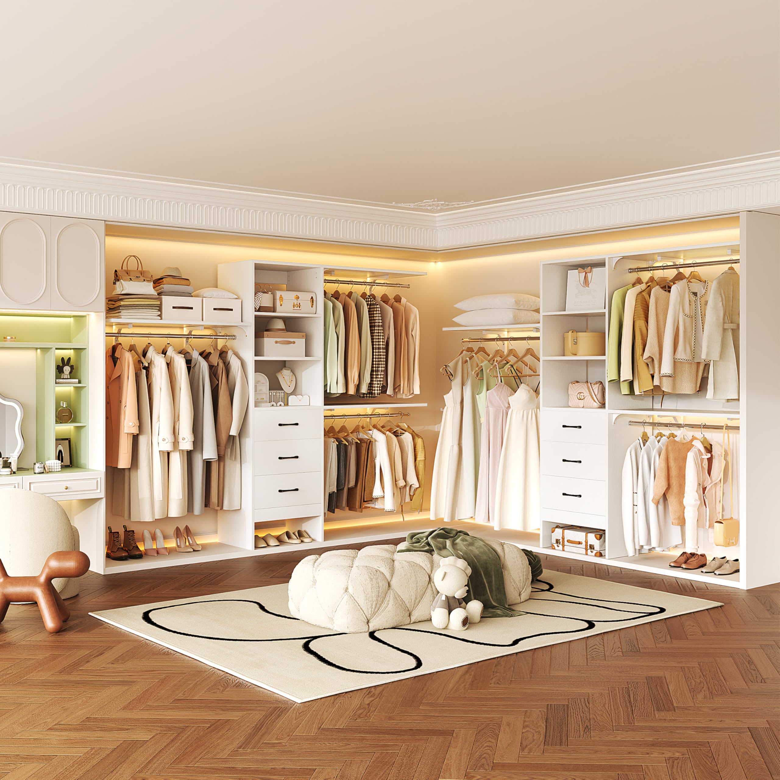 96 Inch Heavy Duty Walk-In Closet Organizer System - 8FT Closet Storage with 3 Adjustable Shelves, 3 Hanging Rods & 3 Drawers - Built-In Garment Rack (96