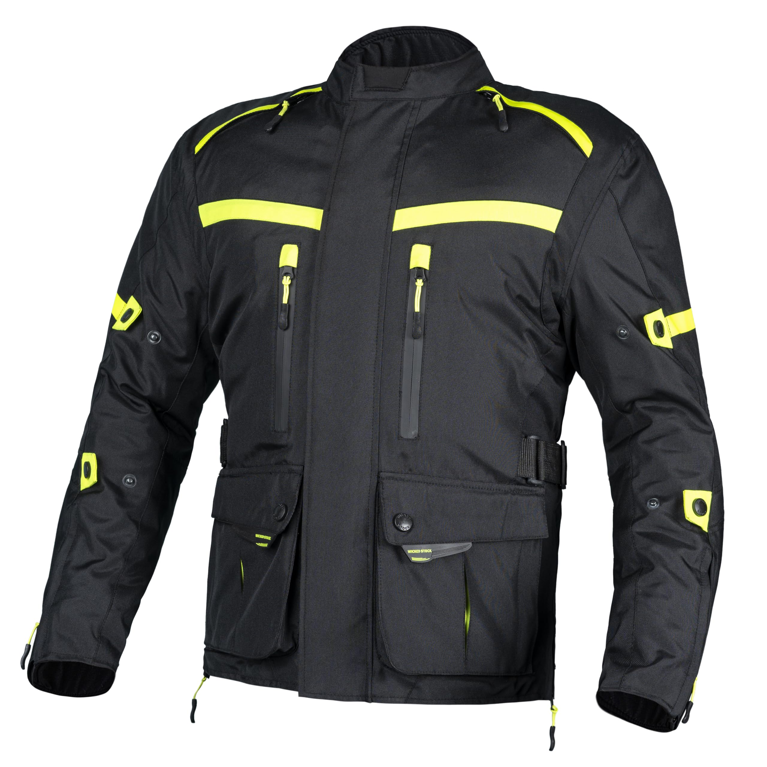 WICKED STOCK CE Level 2 Certified Waterproof Motorcycle Jacket for Men - Reflective Armored Biker Jacket with 8 Pockets & Adjustable Biceps, Forearms & Waist - 4 Season Riding Gear for Commuting, Touring & Adventure Motorcycling