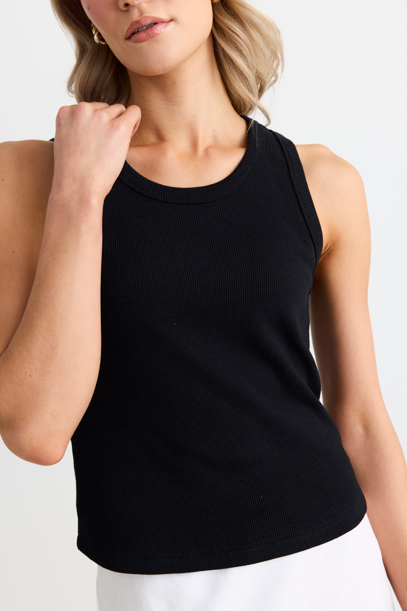 Cobble Black Rib Cutaway Tank Top for Women - Stylish Sleeveless Casual Shirt for Summer Outfits & Layering