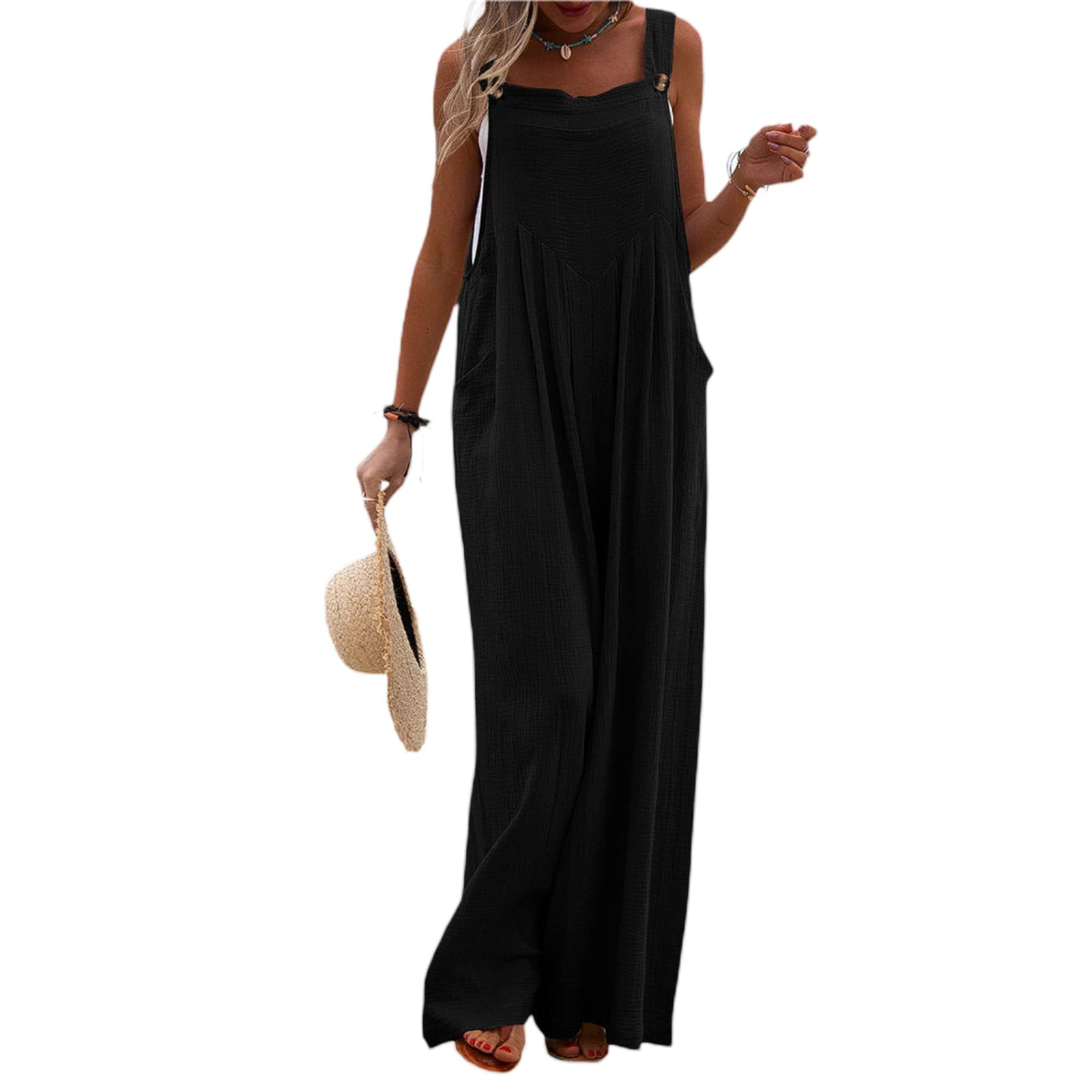 Kaipiclos Women's Loose Fit Linen Overalls - Plus Size Wide Leg Jumpsuit with Pockets | Solid Color Denim Suspenders for Casual Summer Outfits & Boho Fashion