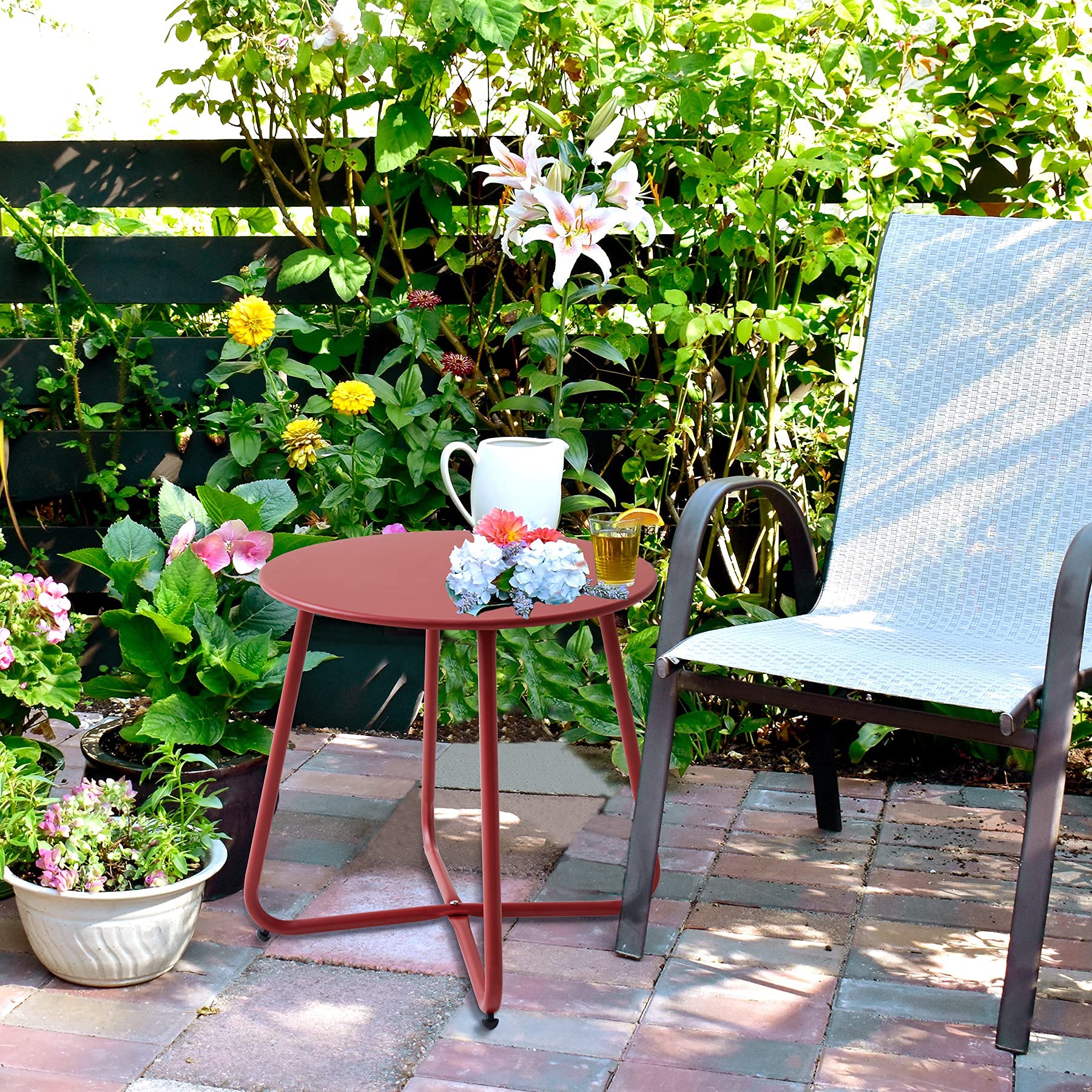 **Weatherproof Round Metal Outdoor Side Table - Portable Small Patio End Table for Garden, Balcony, Yard (Red) - Perfect for BBQs, Poolside, and Outdoor Relaxation**