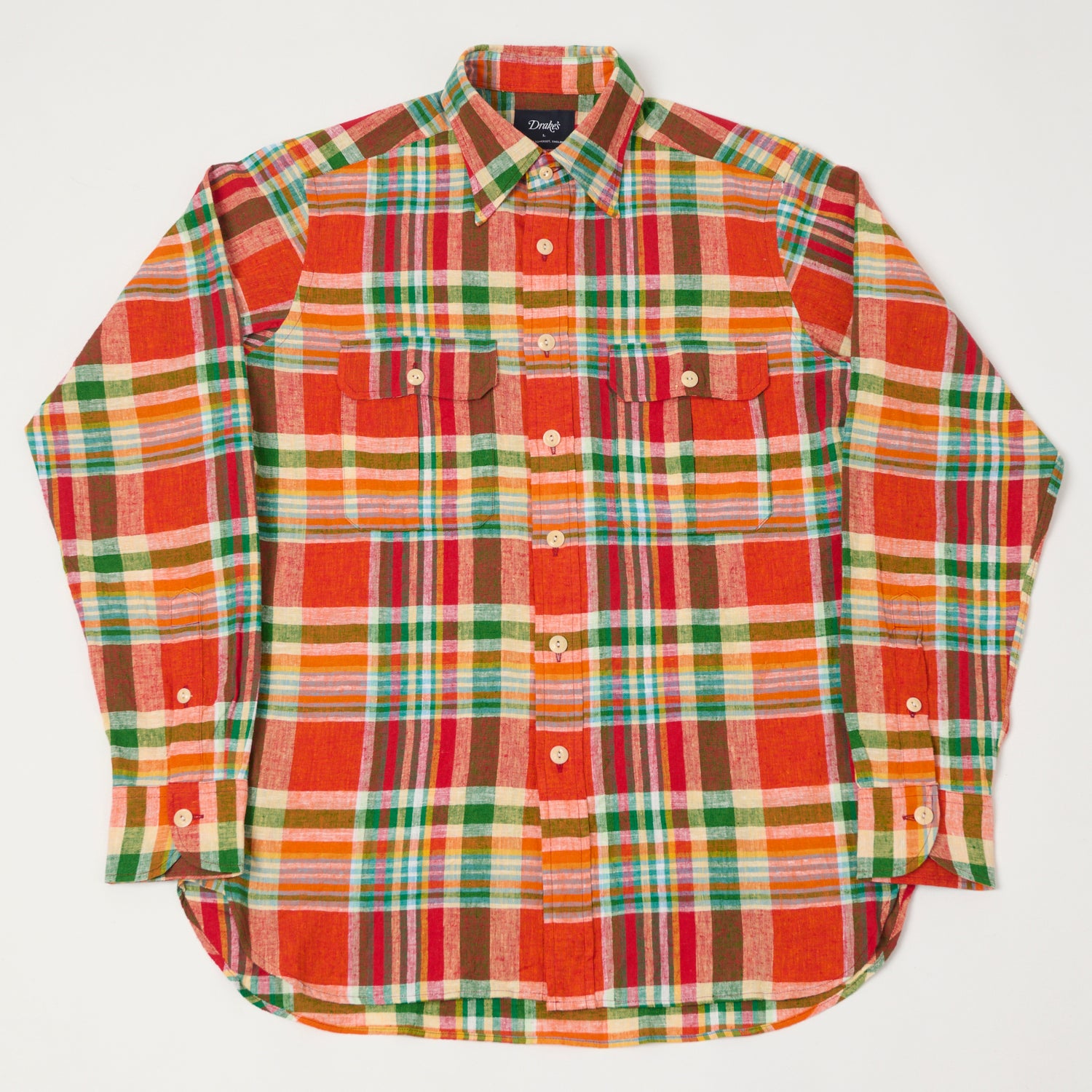 Drake's Madras Linen Cotton Work Shirt for Men - Red/Orange/Green Plaid Casual Button Down Shirt - Perfect for Office, Outdoor Work & Summer Wear