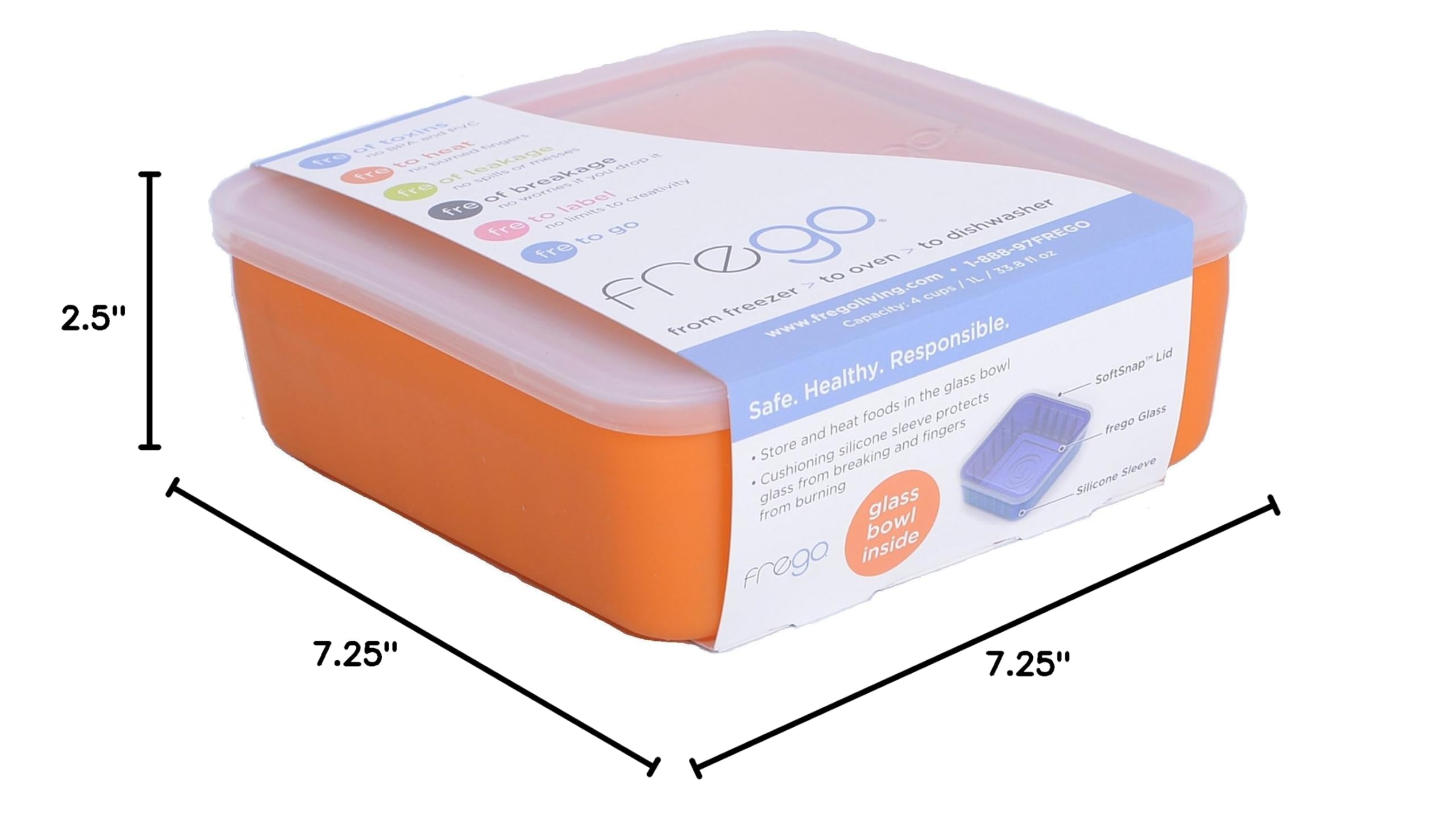 Frego Award-Winning Eco-Friendly Glass & Silicone Food Storage Container Set - 4 Cups (32oz) | BPA-Free, Leakproof, Microwave & Dishwasher Safe | Perfect for Meal Prep, Leftovers & Office Lunch - Orange
