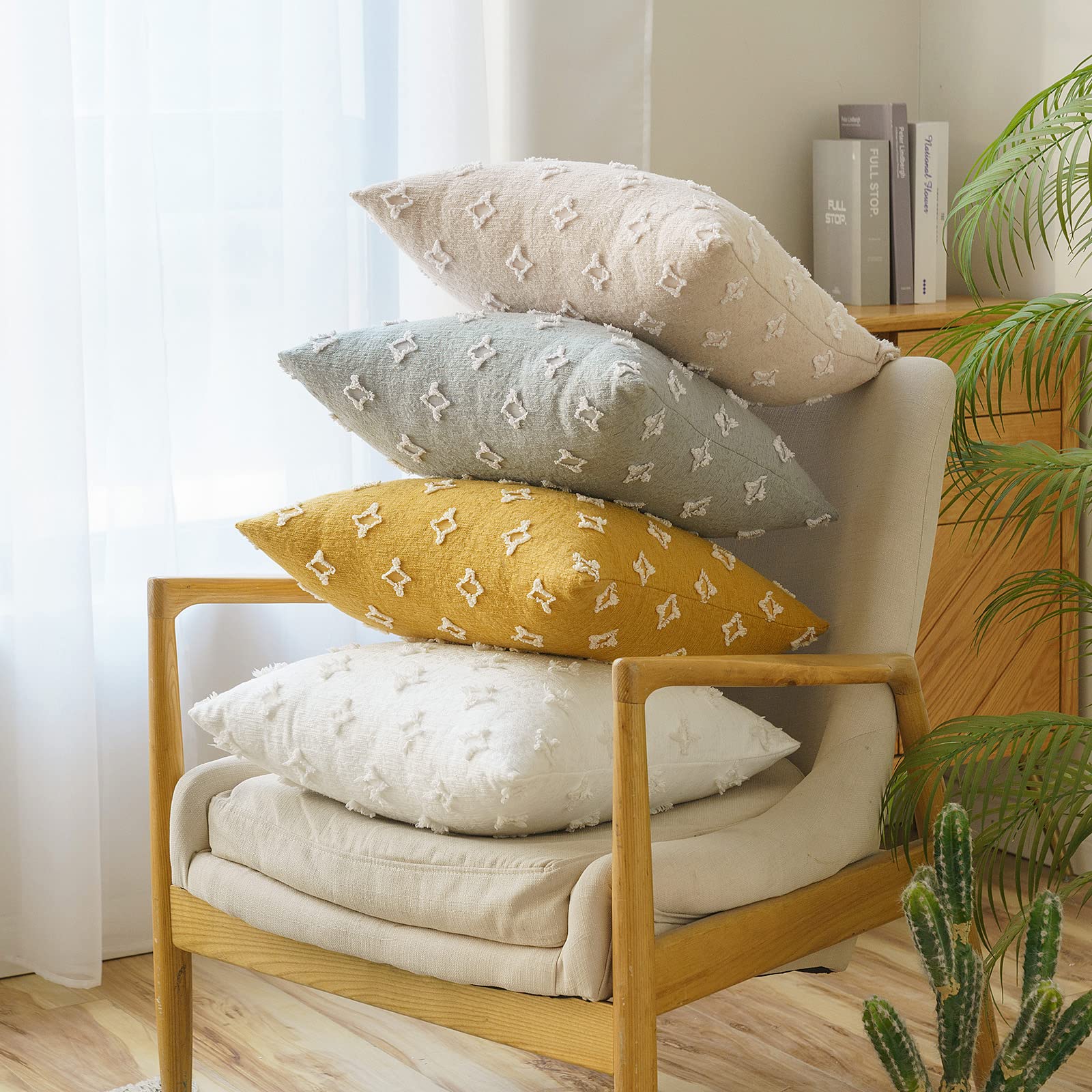 ANRODUO 2 Pack Beige Boho Decorative Throw Pillow Covers - Tufted Rhombic Jacquard Pillow Cases 12x20 Inch for Couch, Sofa, Bed & Living Room Decor - Soft & Stylish Home Accents for Cozy Boho Chic Interior Design